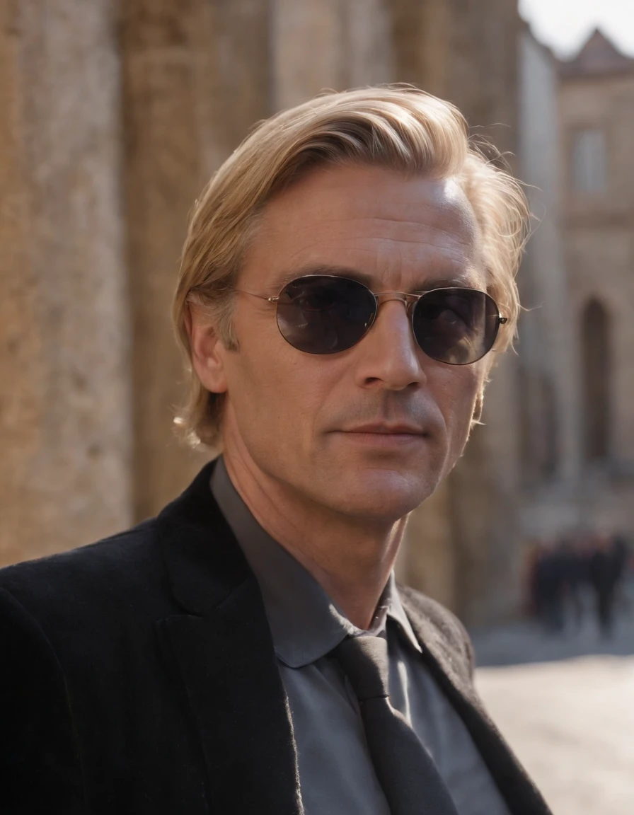 Italian blond middle aged man with his hairstyle being a middle part, shaved in a old black corduroy suit with sunglasses, portait, zoomed in, realistic, early 2000s, sunrays, emotional