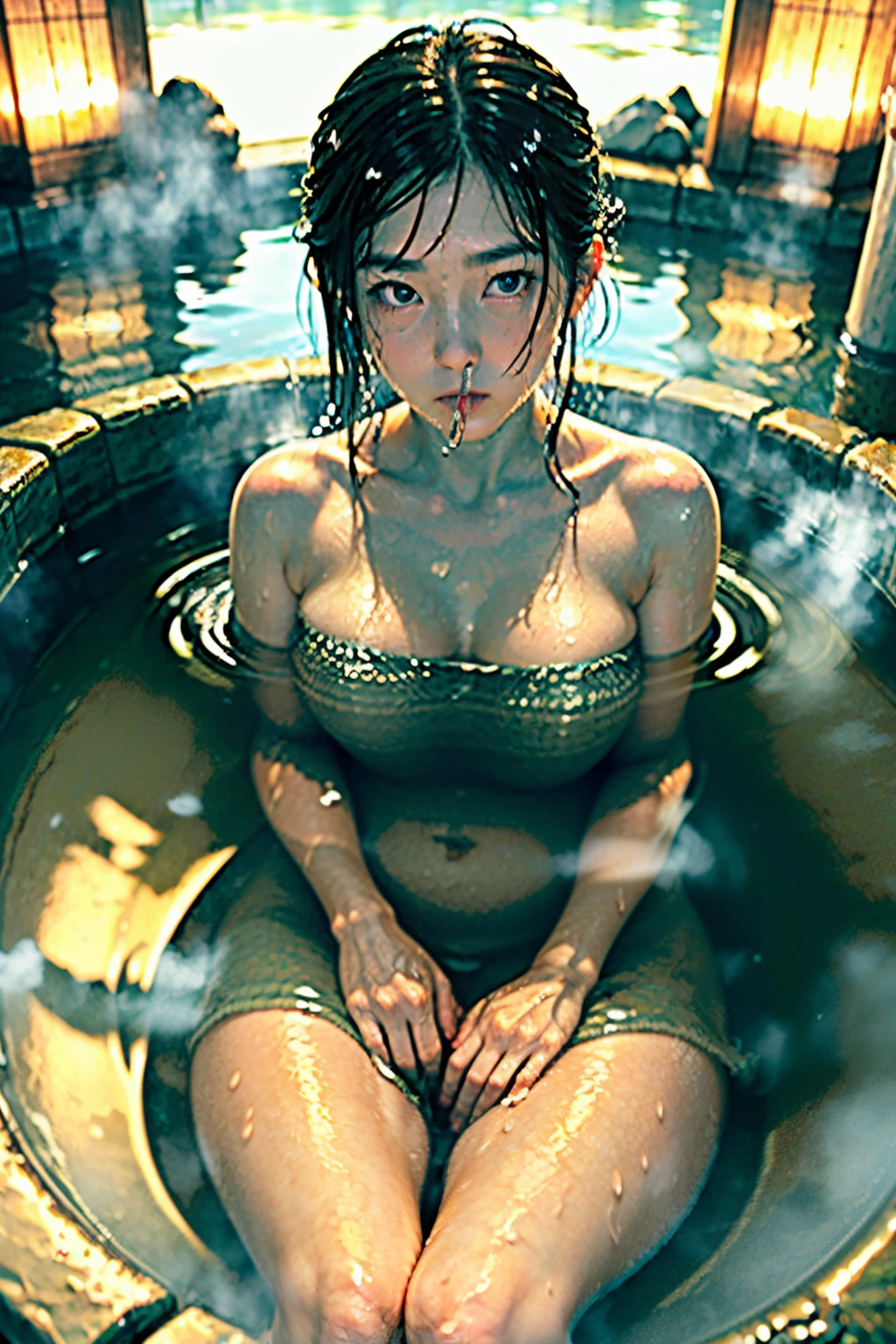 (masterpiece), (best quality:1.4), absurdres, [:intricate details:0.2], 1girl, (naked towel), (geyser, onsen:1.2), moist skin, (fog:1.2), mist, shiny skin, glossy skin, (partially submerged in the onsen:1.2), (wet hair:1.2), mist, wet, moisture,