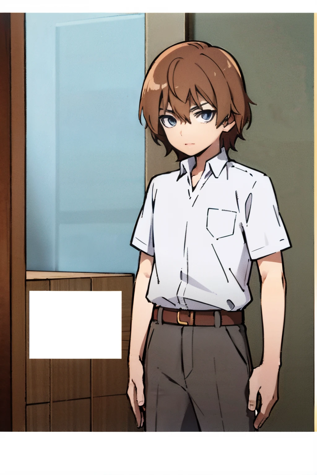 Anime, young boy, brown hair, medium haircut, blue eyes, white student highschool clothes, lookinh at viewer, in a cathedral, blue vitral in background, grey filter, grey walls, 4k, masterpiece