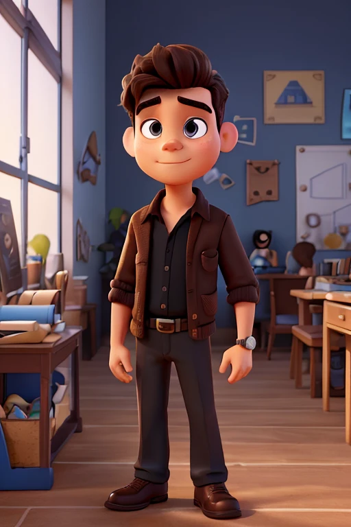 a Disney pixar-inspired movie poster with the title ("The Architect of the Future"). (O Arquiteto do futuro. A male architect in his office of the future in black clothes, cabelo curto e encaracolado e uma verruga na bochecha esquerda, brown with a watch on the right arm) a cena deve estar no distinto estilo de arte digital da Pixar, with a focus on character expressions, Vibrant colors and detailed textures that are characteristic of animations, with the title (Bruno Arquiteto)