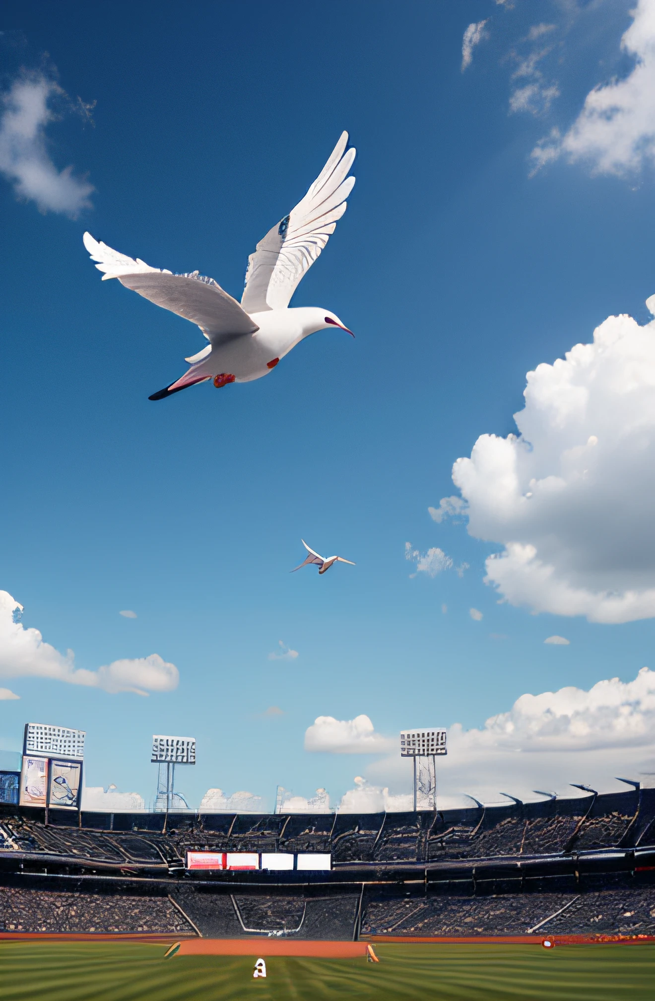 A flock of doves flying over a baseball field, carrying bombs that are shaped like baseballs