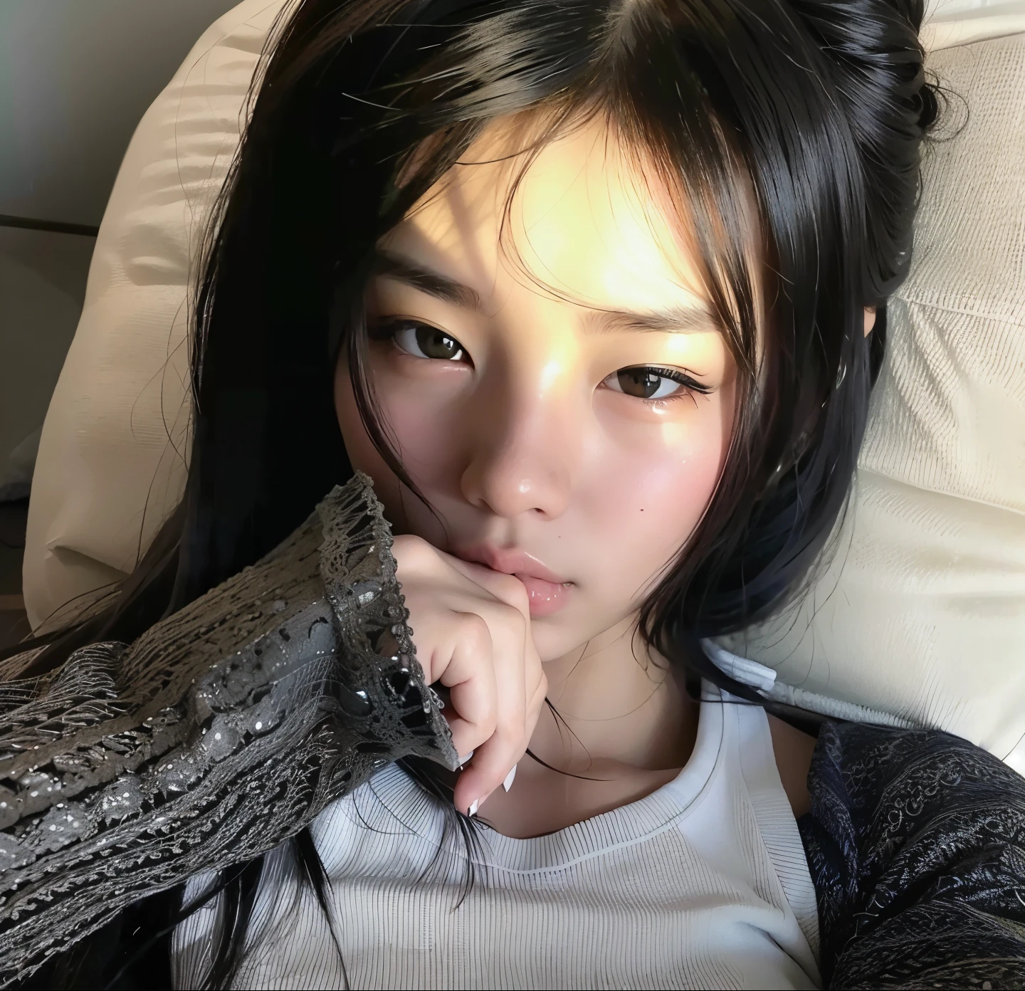 Best-quality, Masterpiece, Ultra-High-Resolution, (Photorealistic:1.4), Raw-Photo, 1girl, 15-years-old, the most famous Japanese idol, at bedroom, on bed, drink whisky, (((completely-drunk))), wearing extremely gorgeous pajamas, (extremely cute face like the most popular Japanese idol, ((extremely beautiful big-black-eyes)), extremely beautiful hair, extremely beautiful skins), extremely beautiful long-eyelashes, extremely beautiful lips, detailed whisky, detailed extremely-gorgeous-pajamas