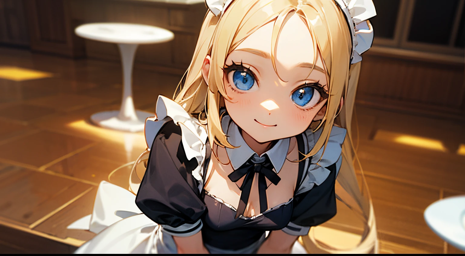 Blonde longhair、de pele branca、small stature、Undersized breasts、Young Face、innocent smiles、Blue eyes、maid clothes、Maid Cafe、carry a parfait、