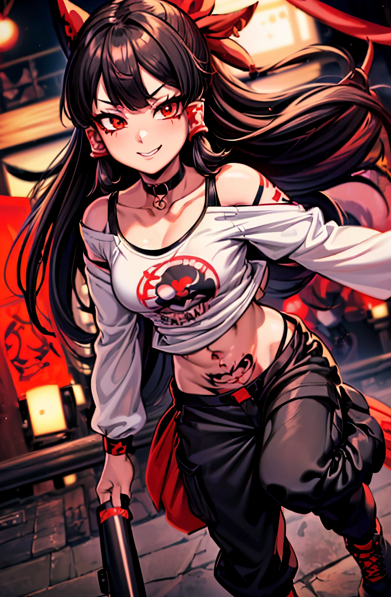 Reimu Hakurei at a rave, looking at the viewer with an seductive smile while dancing, confident, nightclub, neon lights, Brown hair, brown eyes, ((bangs, red ribbon:1.3)), e-girl outfit, (((Cargo pants, black pants, loose long sleeve Tee, black combat boots, tatoo, Eyeliner, Choker:1.3))), ager,