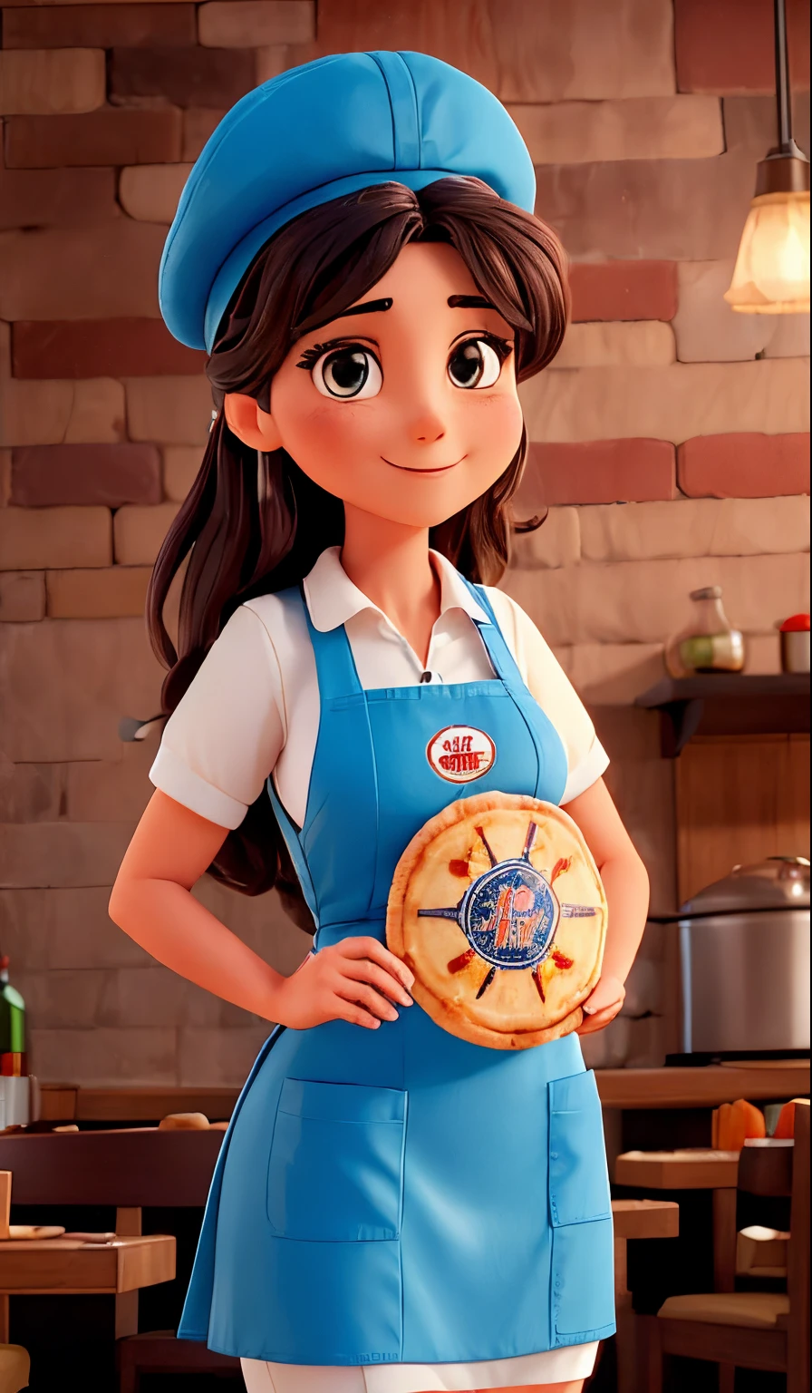 (((Woman))) Pizzaiola loira italiana, olhos azuis, em um uniforme de pizzaiola, with apron and COOK'S HAT, DENTRO DA COZINHA DE UMA PIZZARIA, fechar para cima, olhando de frente com o espectador