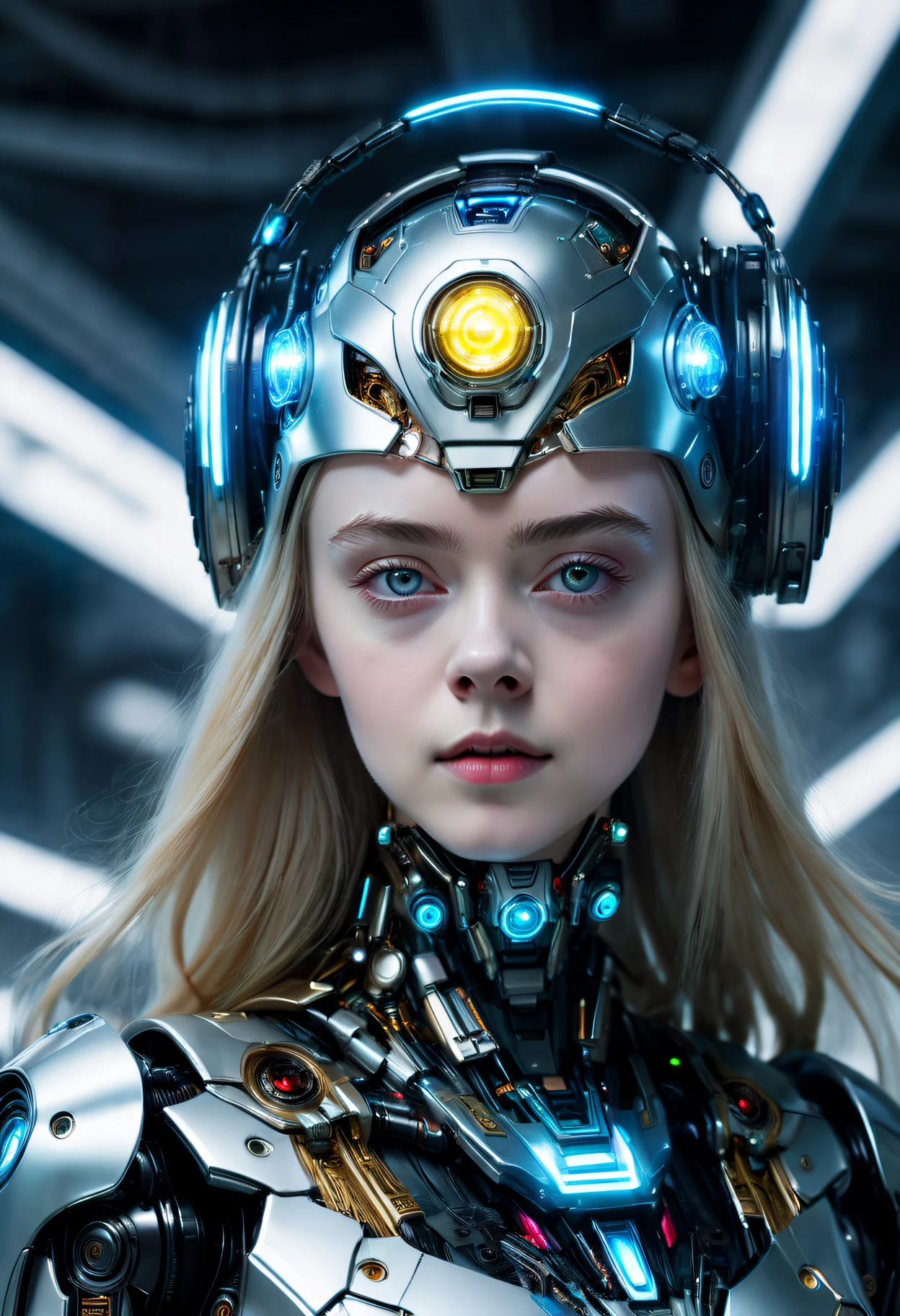One wearing a futuristic headdress、Close-up of woman with glowing eyes, Elle Fanning as robot, female humanoid portrait, sci-fi android female, portrait of female android, portrait of female android, Fascinating sci-fi faces, portrait of a futuristic robot, Android face details, Image of a beautiful robot
