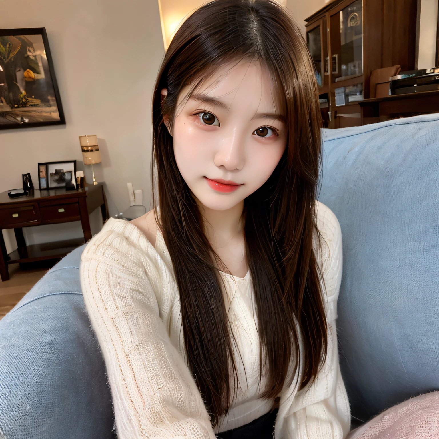 selfie, (Photoreal: 1.4), (Smooth lighting: 1.05), (Image enhancement: 1.4), ( Top quality real skins: 1.4), 20-year-old, asian, living room scene, sitting on a couch, selfie