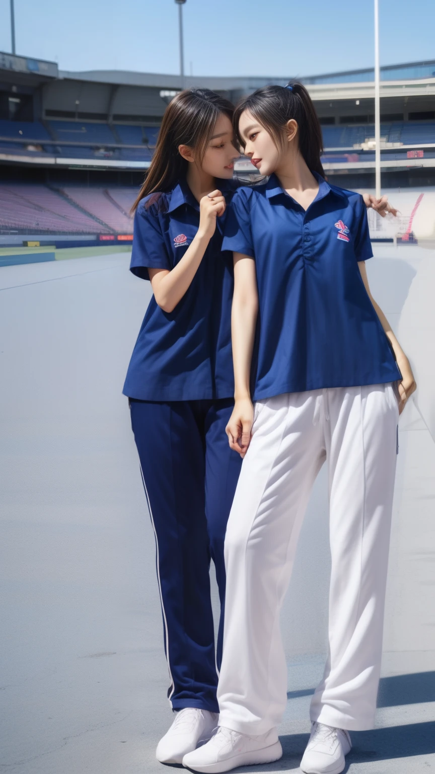 (bestquality,10,10,highres,masterpiece:1.2),ultra-detail,(Realistic,photorealistic portrait,photo-realistic:1.37),1 Cute girl in the football field,oily shiny skin,bara,light smile,BDclothes,((blue shirt:1.3)),short sleeves,shirt, trousers.,(navy_long_Pants Track:1.1), ((Stadium Background:1.3)),dynamic angle,excited,face focus,Dynamic Poses,from behide,Ass Focus,masterpiece, bestquality, ultra realistic, hyper-detail, 8k resolution, RAW photo, crisp focus, ((Navy blue shirt:1.1)), short sleeves, Long Path, Perfect body, 2 mature women, 18yo, cinematic light,Blue sweatpants,Gymware,Correct anatomy,Complete body, Correct body, sharp face, Anatomically correct body, full entire body, Realistic gestures, long-haired, Realistic poses,Wear long shorts................,Long leg span,Shapely,Sculpting Girl, Slender Figure, mannequin mannequins, Shapely, Beautiful body,Blue sweatpants, Two girls kissing