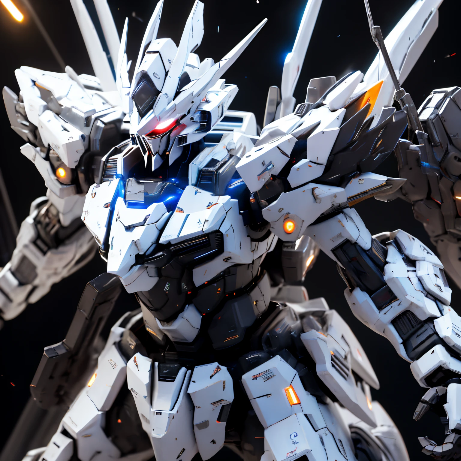 droid，red eyes，Black Themes，城市，glowing light eyes，独奏，Lord，It was at night，body（frotting，Blanche，blue）match colors，
Best quality，The is very detailed，ultra - detailed，tmasterpiece，8k wallpaper，Bad anatomy，A high resolution，Super beautiful illustrations，GameCG，（Black light：1），command spell，mechanicalparts，robotjoints，Headgear，fully armoured，mechs，masks，Neon lights