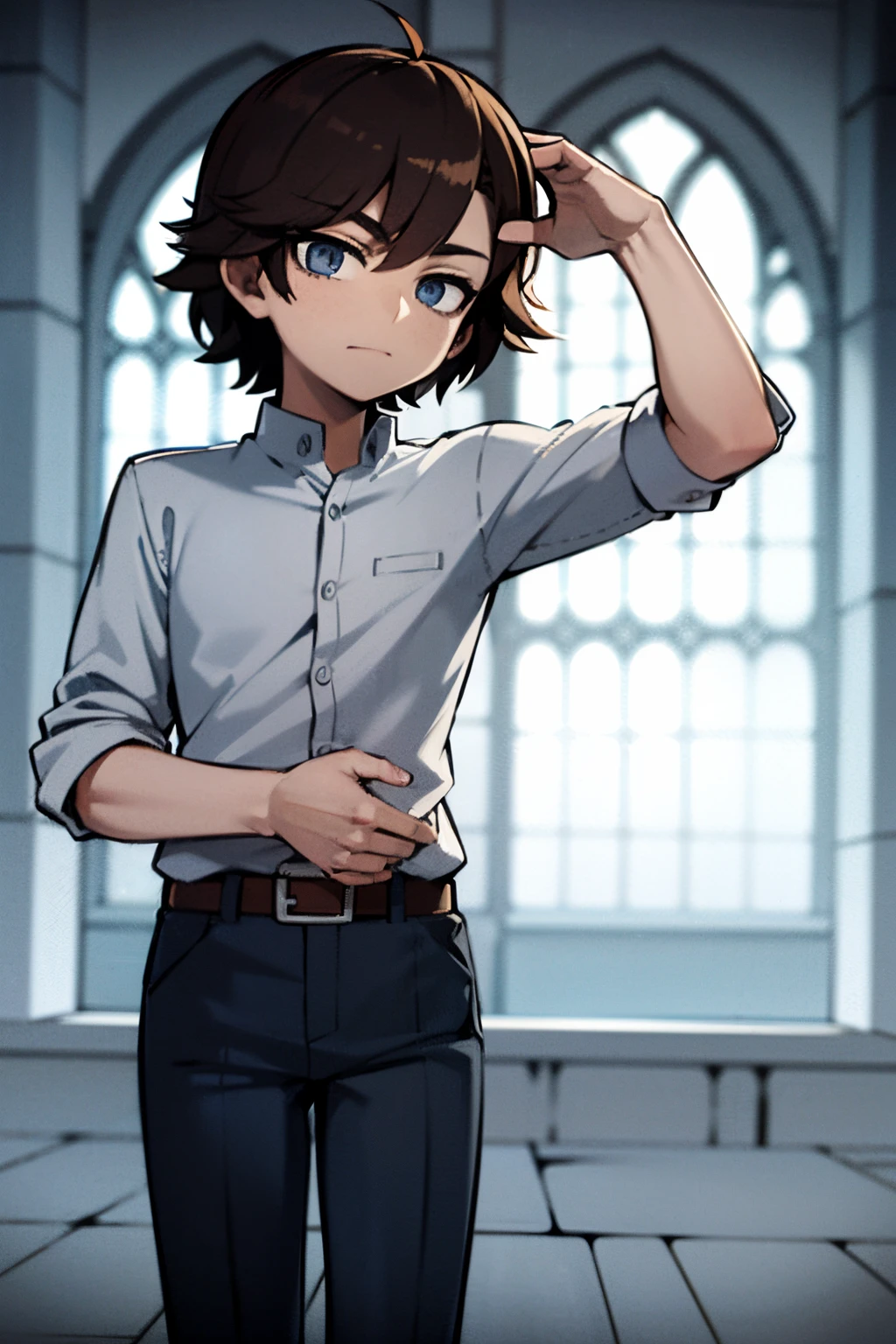 Anime, young boy, brown hair, medium haircut, blue eyes, white japanese student highschool clothes, looking at viewer, in a cathedral, blue vitral in background, grey filter, grey walls, 4k, masterpiece