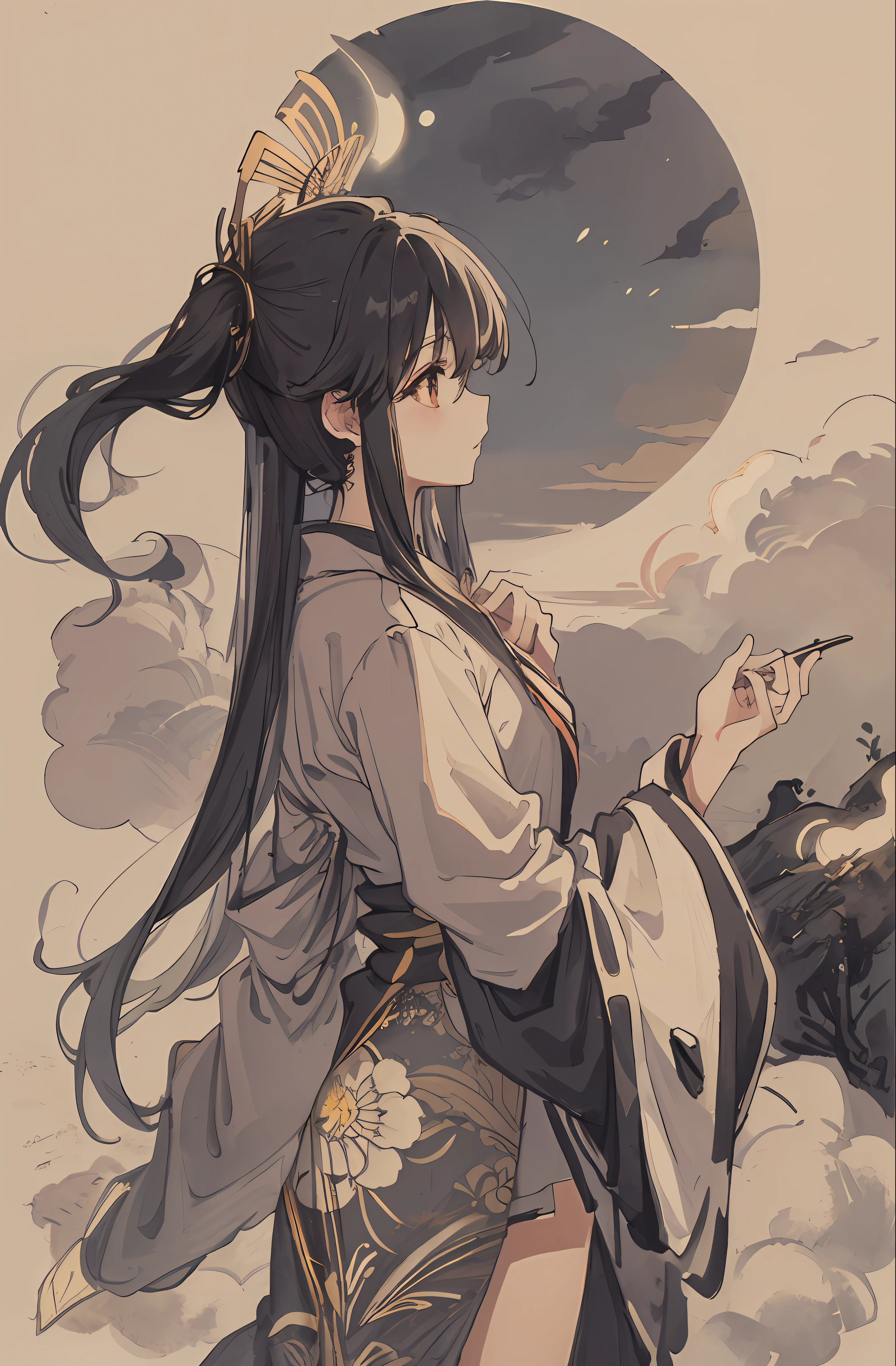 masterpiece, top quality, night, hill, clouds, full moon, long hair, woman, silhouette, firefly.