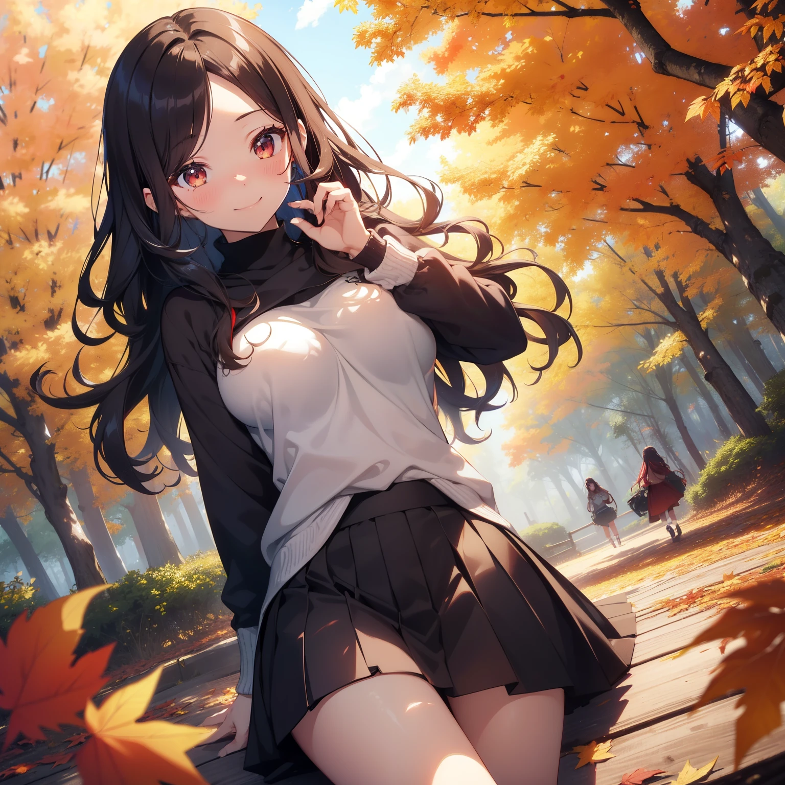 (masutepiece,Best Quality,8K),(extremely detailed CG1.1),teens girl,Smile,large boob,(From below:1.2),Intricate details , Hyper realistic, Perfect Anatomy,A dark-haired,Red Eyes,(((Forehead))),Permed hair with wavy hair,(((length hair))),Hair over one eye,hair slicked back,Full body,Yellow Knitwear,skirt by the,blush,Happy smile,Forest with deepening autumn leaves,Colored leaves,Lens Flare,Wind,Magnificent view,(chromatic abberation:1.3),Dynamic Angle,Cowboy Shot,Looking at Viewer,cafes,Lie down,エロ,teats,nose blush,NSFW,Clothes lift,Spread your crotch,vaginal,Man's