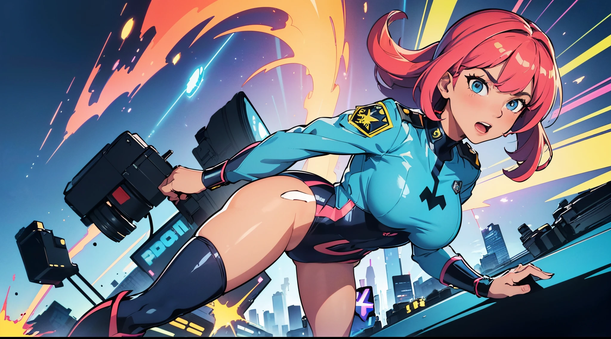 (best quality,4k,8k,highres,masterpiece:1.2),ultra-detailed,Police officer girl transforms into a superhero in a leotard, bare legs, and boots,portraits,colorful,studio lighting,vibrant colors,superpowers,energetic poses,action-packed background,cityscape,hallucinatory effects