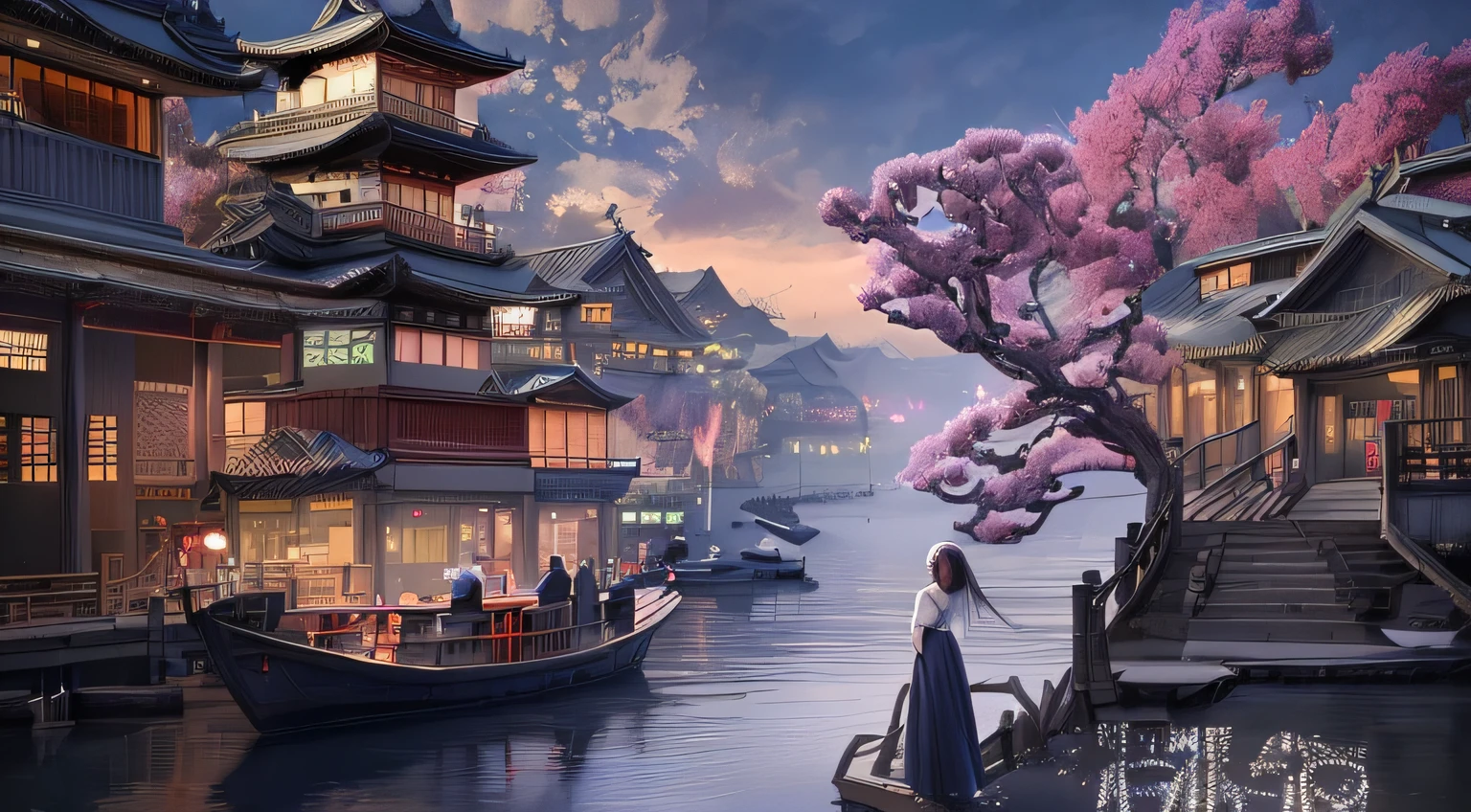 There was a woman standing on the dock looking at a fish, A beautiful artistic illustration, Beautiful digital artwork, Popular topics on cgstation, 4k highly detailed digital art, Dream China Town, 2. 5d CGI anime fantasy artwork, 8K high quality detail art, traditional japanese concept art, chinese fantasy, by Ni Yuanlu, fishing town, author：Hero