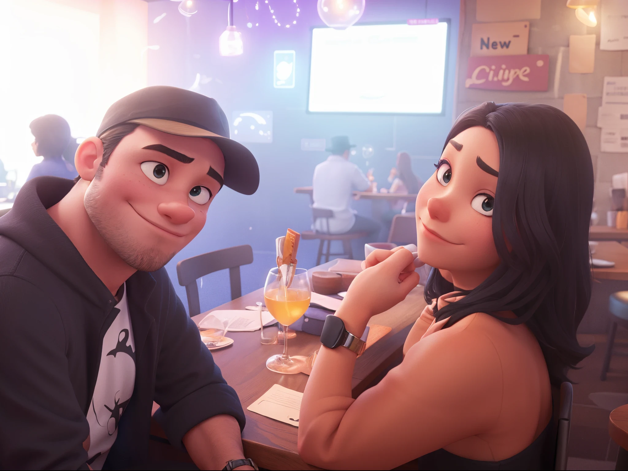 there is a man wearing a black hat and woman sitting at a table together, tyler edlin and natasha tan, reddit post, instagram post, at future neon light rooftop, facebook post, by Robbie Trevino, in a bar, profile pic, by Eddie Mendoza, josan gonzales!!!, at a bar, smooth in _ the background, having an awkward dinner date, in background