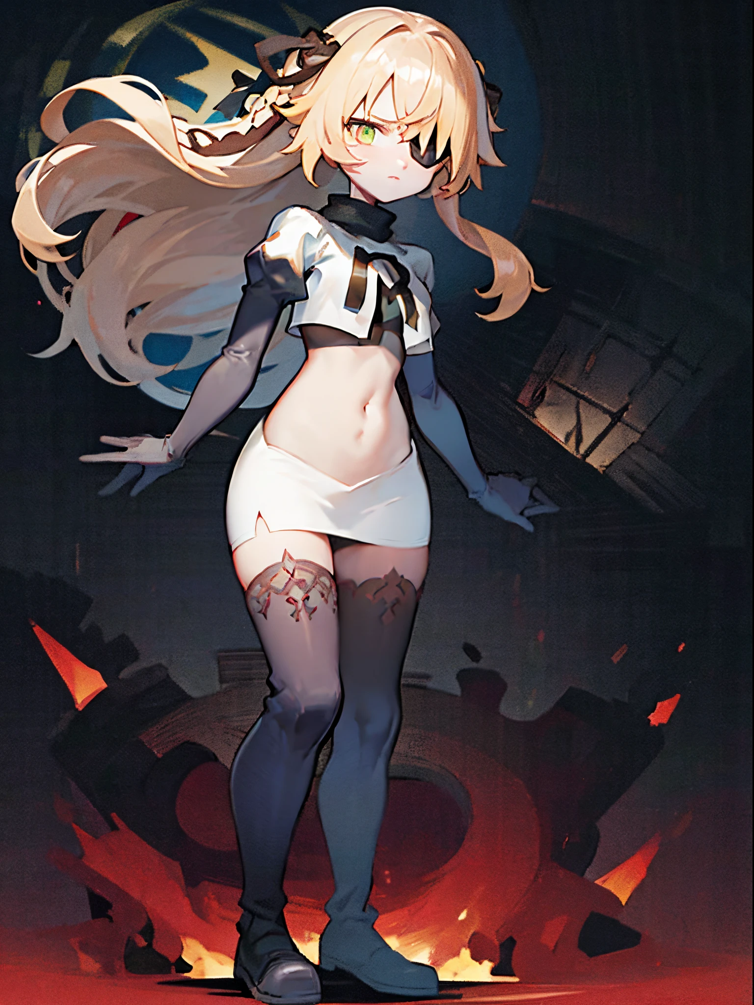 absurdres, fischl (dunkelnacht sakrament) (genshin impact), green eyes, (white pupils:1.2), fischl (genshin impact), medium_breasts, blonde hair, eyepatch, long hair, hair over one eye, bangs, hair ribbon, small breasts, 1girl, team rocket,team rocket uniform,white skirt,crop top,black thigh-high boots,black elbow gloves,