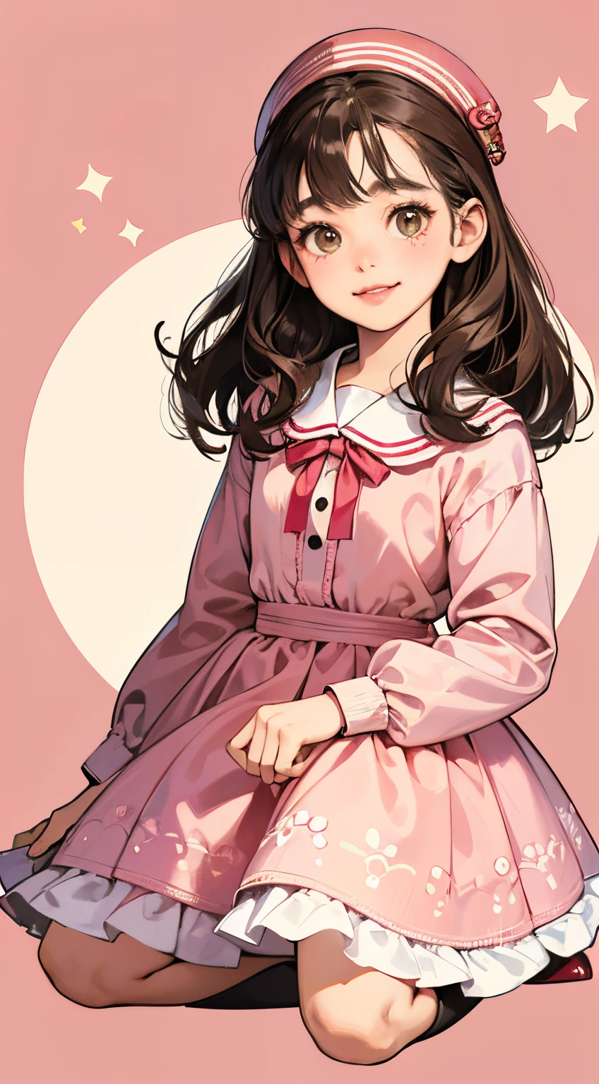 (Full body portrait)、(illustratio:1.3)Hand-drawn illustration,10 year old cute woman wearing cute pink clothes、A detailed eye、Smile innocently、Dark hair、red lipsticks、On the head wears luxurious accessories、The background is super simple、The light is uniform