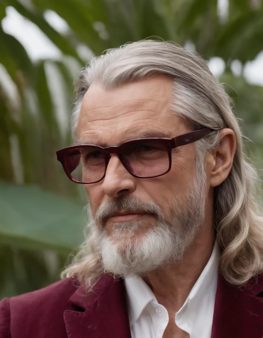 Greek God Thor in a maroon suit, with a grey beard, looking 68 years old, dark square maroon glasses on a tropical island