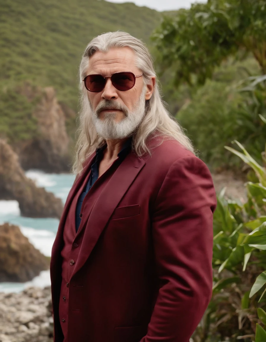 Greek God Thor in a maroon suit, with a grey beard, looking 68 years old, dark square maroon glasses on a tropical island
