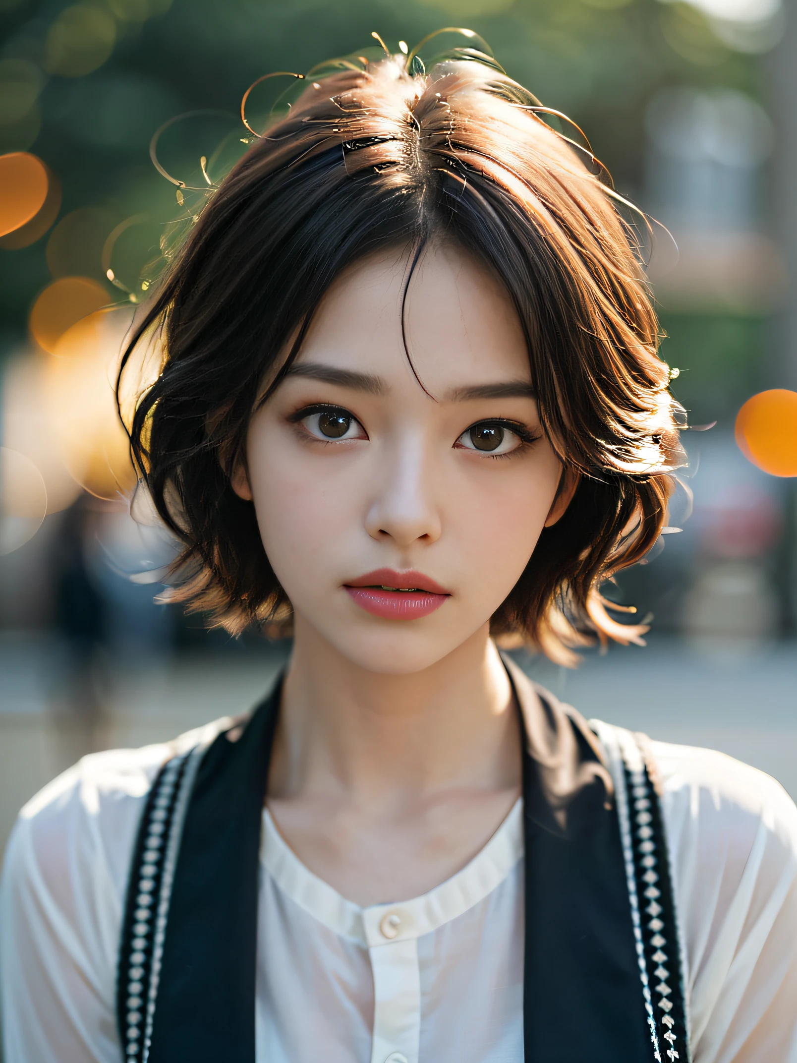 Film portrait photography, 1girl, shirt, short hair, gentle, benevolent, gentle gaze, (realistic detailed eyes, natural skin texture, realistic face details), soft dramatic lighting, depth of field, bokeh, vivid details, detail, ultra-realistic, 35mm film, blur