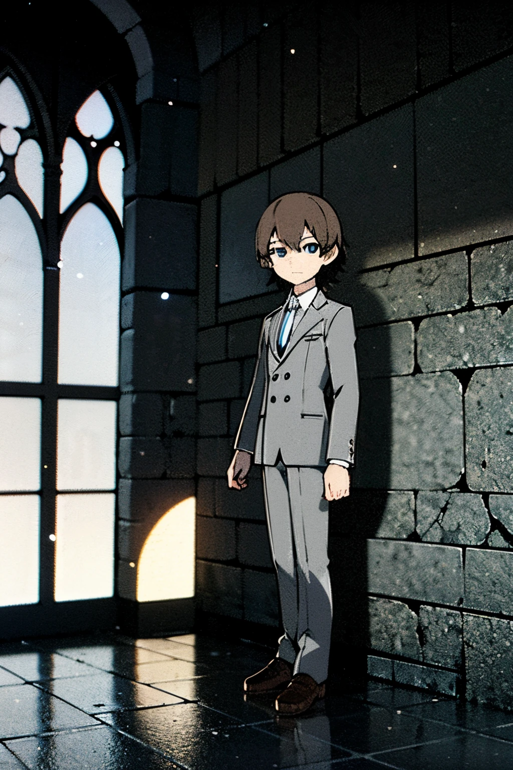 Anime, young boy, brown hair, medium haircut, blue eyes, white japanese student highschool clothes, looking at viewer, in a cathedral, blue vitral in background, grey filter, grey walls, 4k, masterpiece