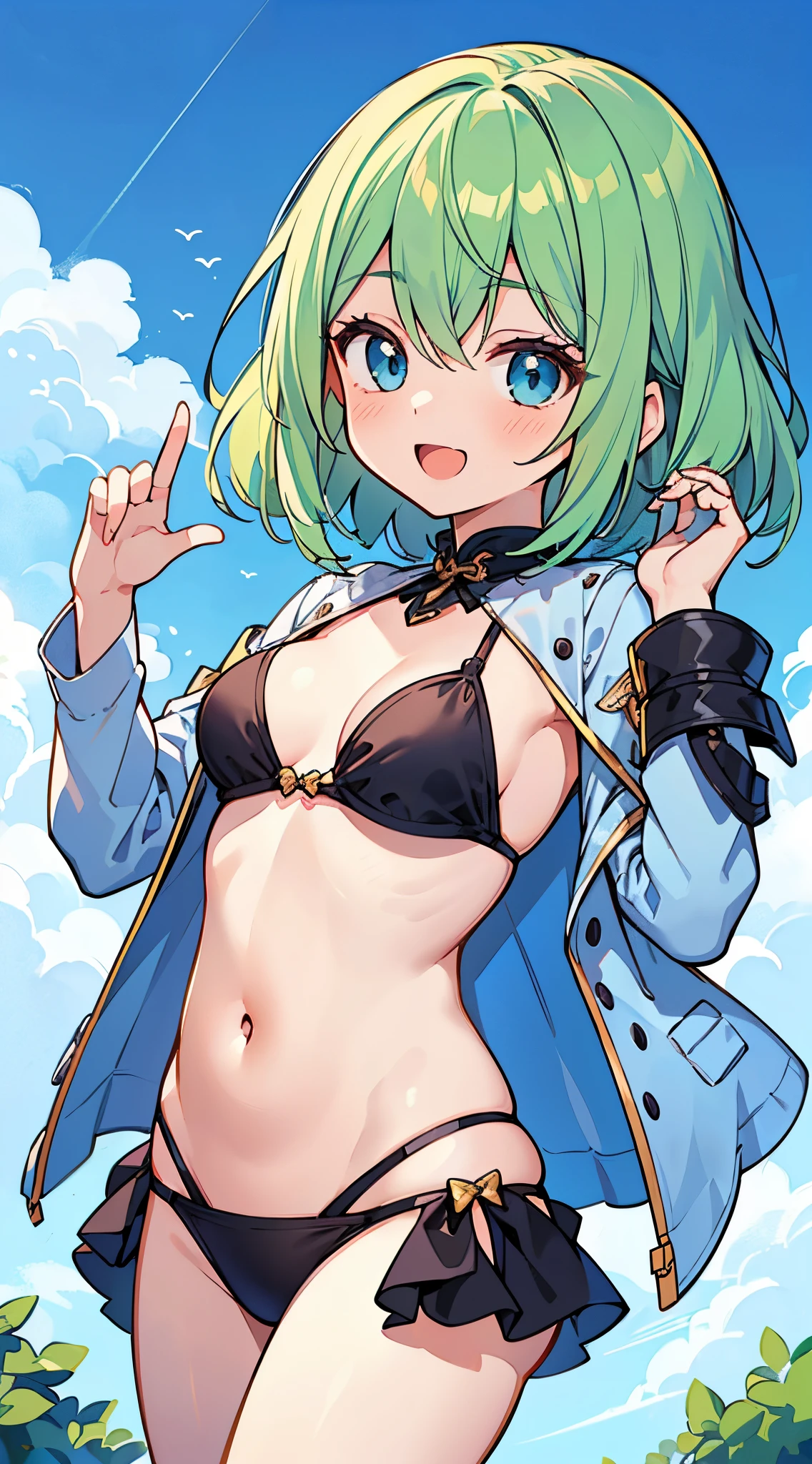 ((Pretty girl with green hair and blue eyes))、wearing bikini、Loli face、((master piece、top-quality、ultra-definition、high resolution))、anime girl、((ultra-detailed illust:1.2))、only one person、bangs、hair between eye、beautiful hair、Beautiful eyes、Medium breasts、Big smile、opened mouth、enjoying、outdoor