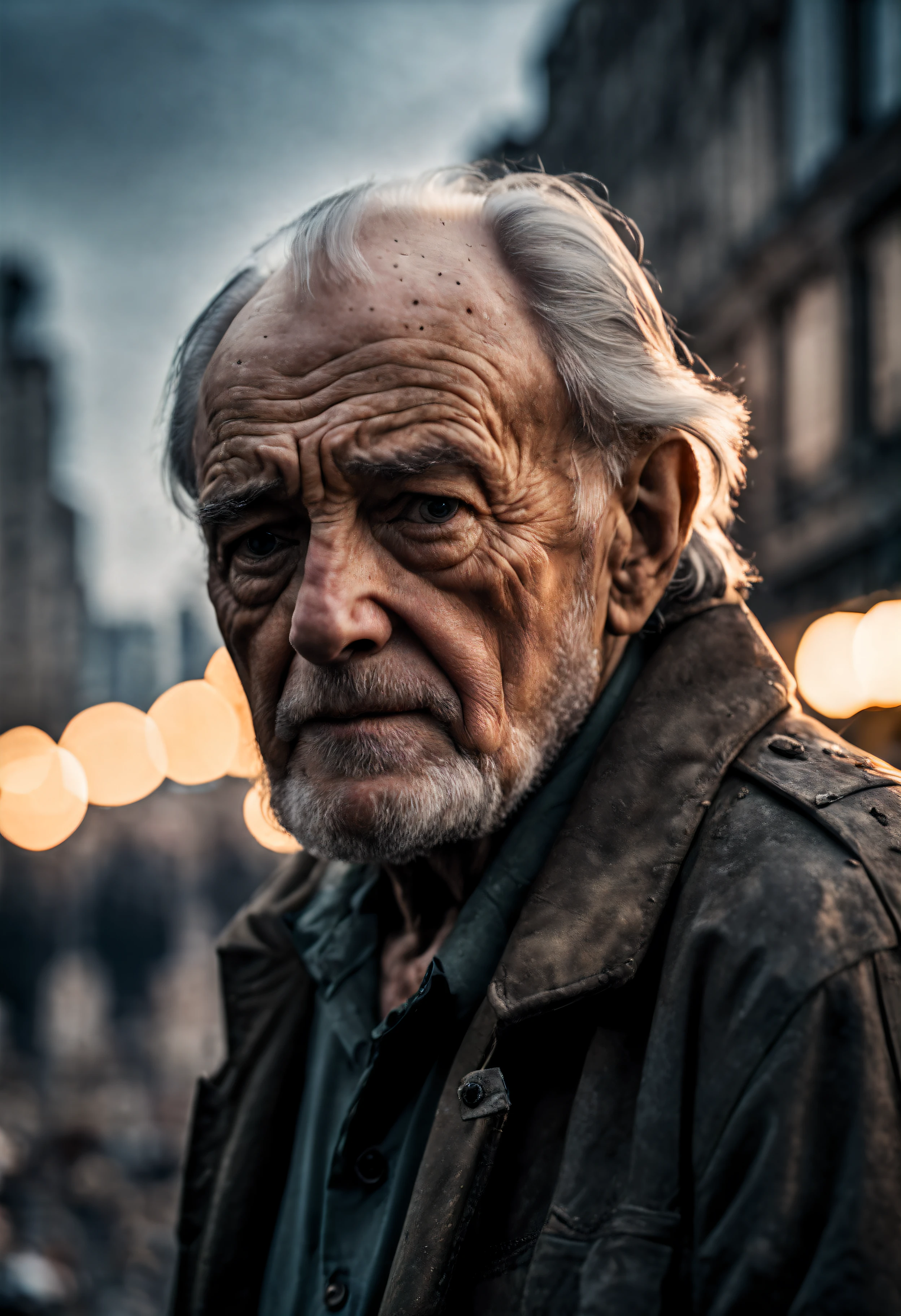 cinematic film still cinematic photo sad old man in a post apocalyptic destroyed city after nuclear blast, newdawn, closeup, high quality photography, 3 point lighting, flash with softbox, 4k, Canon EOS R3, hdr, smooth, sharp focus, high resolution, award winning photo, 80mm, f2.8, bokeh , detailed, realistic, 8k uhd, high quality, high quality photography, 3 point lighting, flash with softbox, 4k, Canon EOS R3, hdr, smooth, sharp focus, high resolution, award winning photo, 80mm, f2.8, bokeh . 35mm photograph, film, bokeh, professional, 4k, highly detailed, high quality photography, 3 point lighting, flash with softbox, 4k, Canon EOS R3, hdr, smooth, sharp focus, high resolution, award winning photo, 80mm, f2.8, bokeh . shallow depth of field, vignette, highly detailed, high budget, bokeh, cinemascope, moody, epic, gorgeous, film grain, grainy