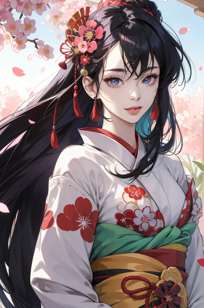 (absurdos, High resolution, ultra detallados), 1人の女の子, a painting of Murasaki no ue genji story character, heian era lady, Japan, ancient Japan, ancient Japan, noble lady, dressed in red layered kimono, junihitoe, piercing gaze, masterpiece, best quality, half body, portrait, 1 girl, anime, Japan, semi-realistic, young woman, smiling, pretty face, beautiful, colorful, genji monogatari, black hair, extremely long hair, abundant hair, straight hair, blue eyes, almond eyes, symmetrical and bright eyes, small nose, plump lips, full lips, pink lips, symmetrical face, oval face, light skin, smooth skin, perfect body, beautiful body, slim waist, large breasts, illustration, extremely detailed, smooth, high resolution, ultra quality, detailed eyes, detailed mouth, detailed mouth, detailed face, perfect eyes, both eyes are the same, true light, glowing, iridescent, global illumination, real hair movement, real light, real shadow, real face, shining eyes, soft light, dream light, fondo de pantalla de 8k de CG unity extremadamente detallado, detalles intrincados, BREAK, kaleidoscopic images, Symmetrical patterns, colores vibrantes, geometrical forms, mesmerizing designs, Optical illusions, dynamic composition BREAK, pantomima, lenguaje corporal expresivo, silent storytelling, gestos evocadores, narraciones visuales, representaciones teatrales BREAK, flores florecientes, colorful petals, esencias fragantes, generosidad de la naturaleza, jardines vibrantes, paisaje tranquilo