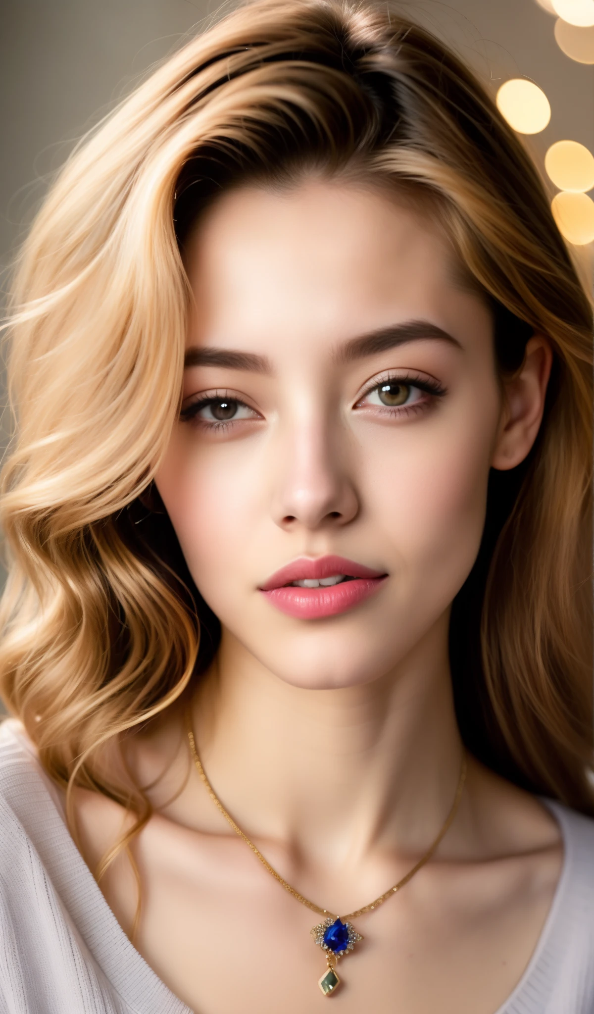 Fashion model 21 years old [[[a closeup]], [[[tiny chest]]], [[[coll]], [Shoulder]], perfect  eyes, perfect irises, Perfect lips, perfect teeth, flawless skin, Soft front light, Glow, nffsw, (soft colours:1.2)、a necklace、Curly hair、highlights hair、V-neck sweater