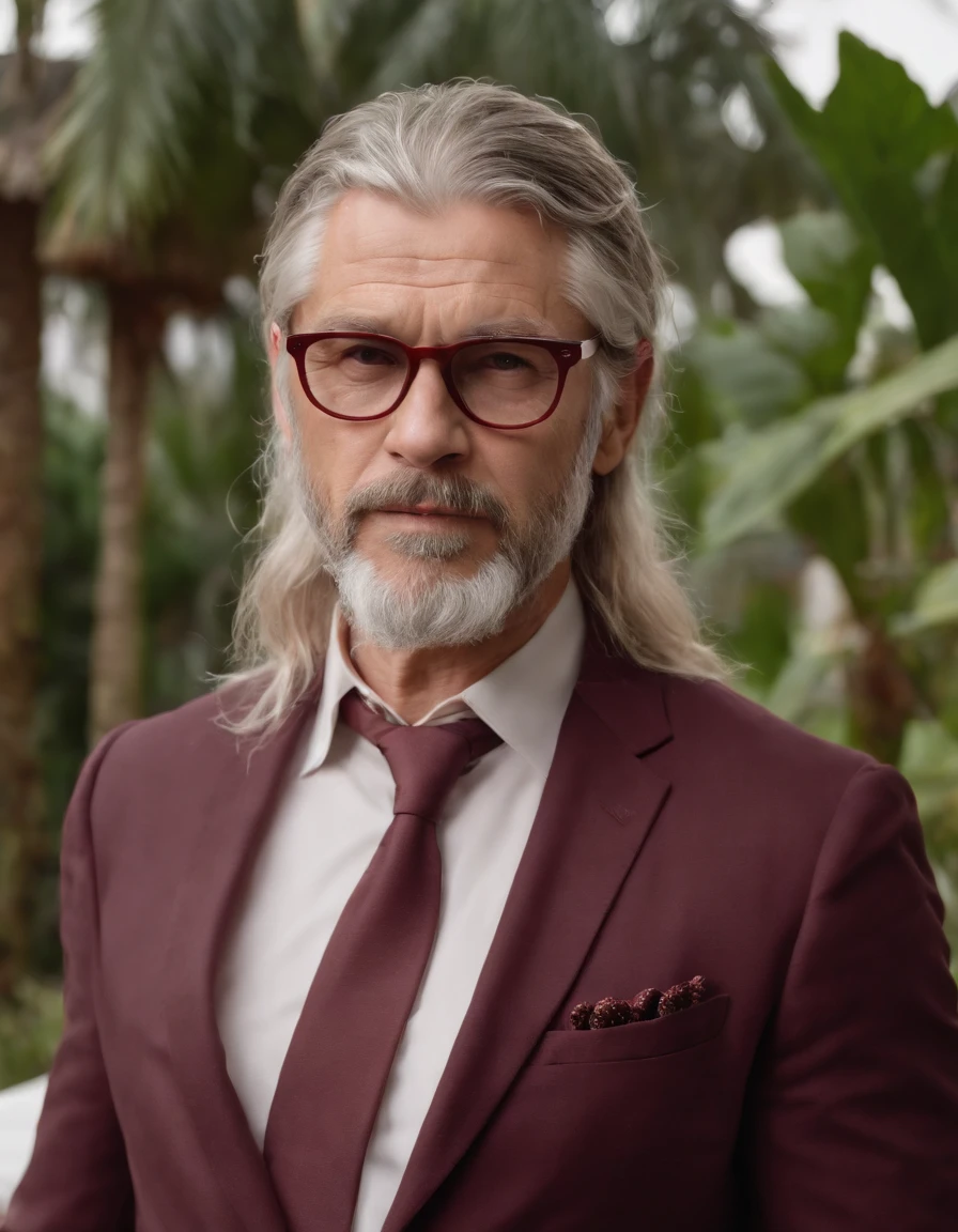 Greek God Thor in a maroon suit, with a grey beard, looking 68 years old, dark square maroon glasses on a tropical island, depressing, emotional, dark, cold, stressful, maroon car in the background