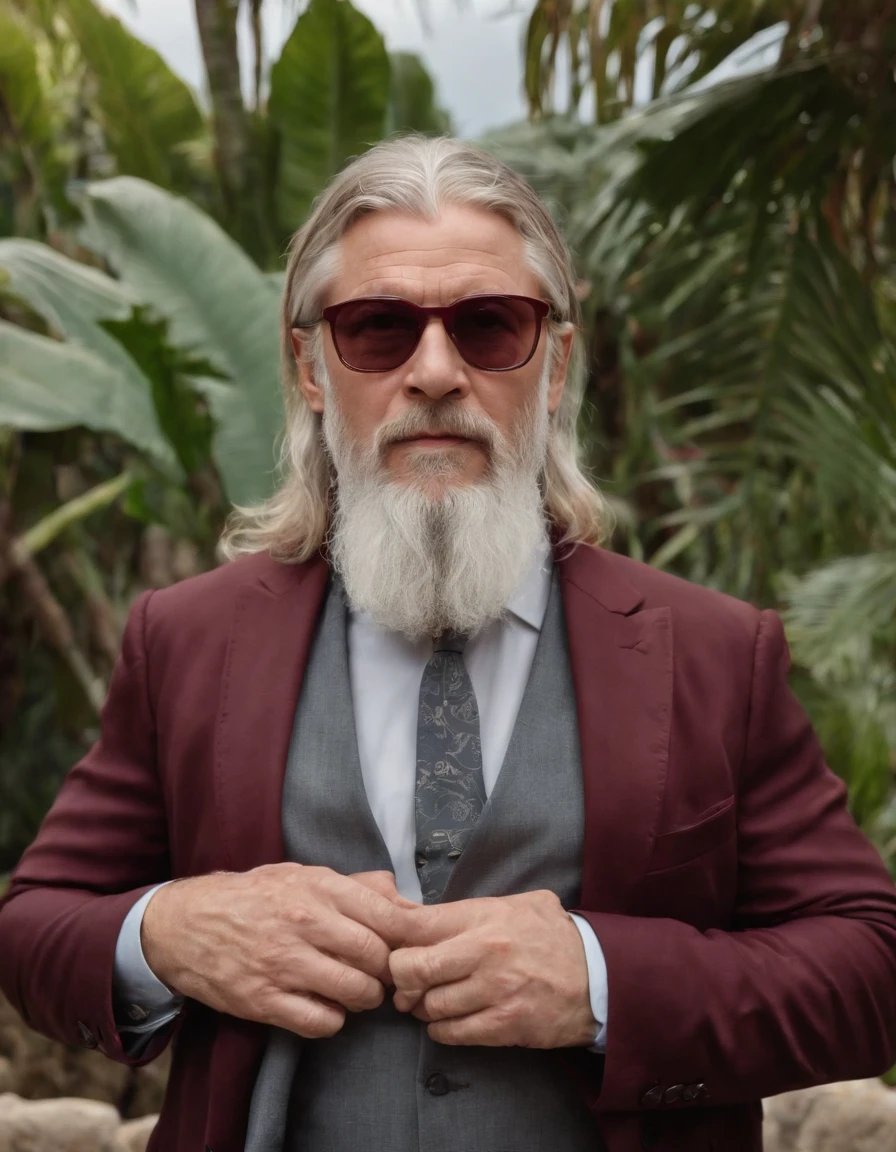 Greek God Thor in a maroon suit, with a grey beard, looking 68 years old, dark square maroon glasses on a tropical island, depressing, emotional, dark, cold, stressful, maroon car in the background