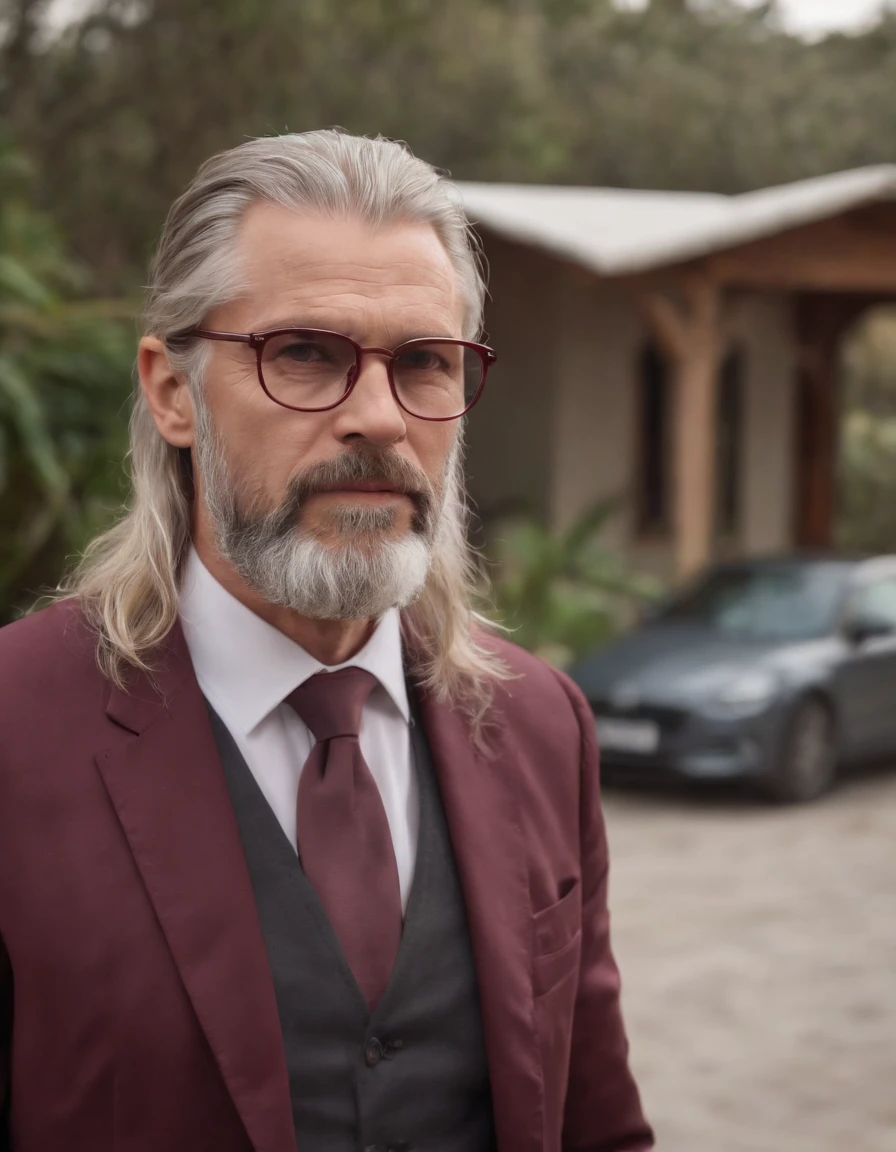 Greek God Thor in a maroon suit, with a dark grey beard, looking 68 years old, dark square maroon glasses on a tropical island, depressing, emotional, dark, cold, stressful, maroon car in the background
