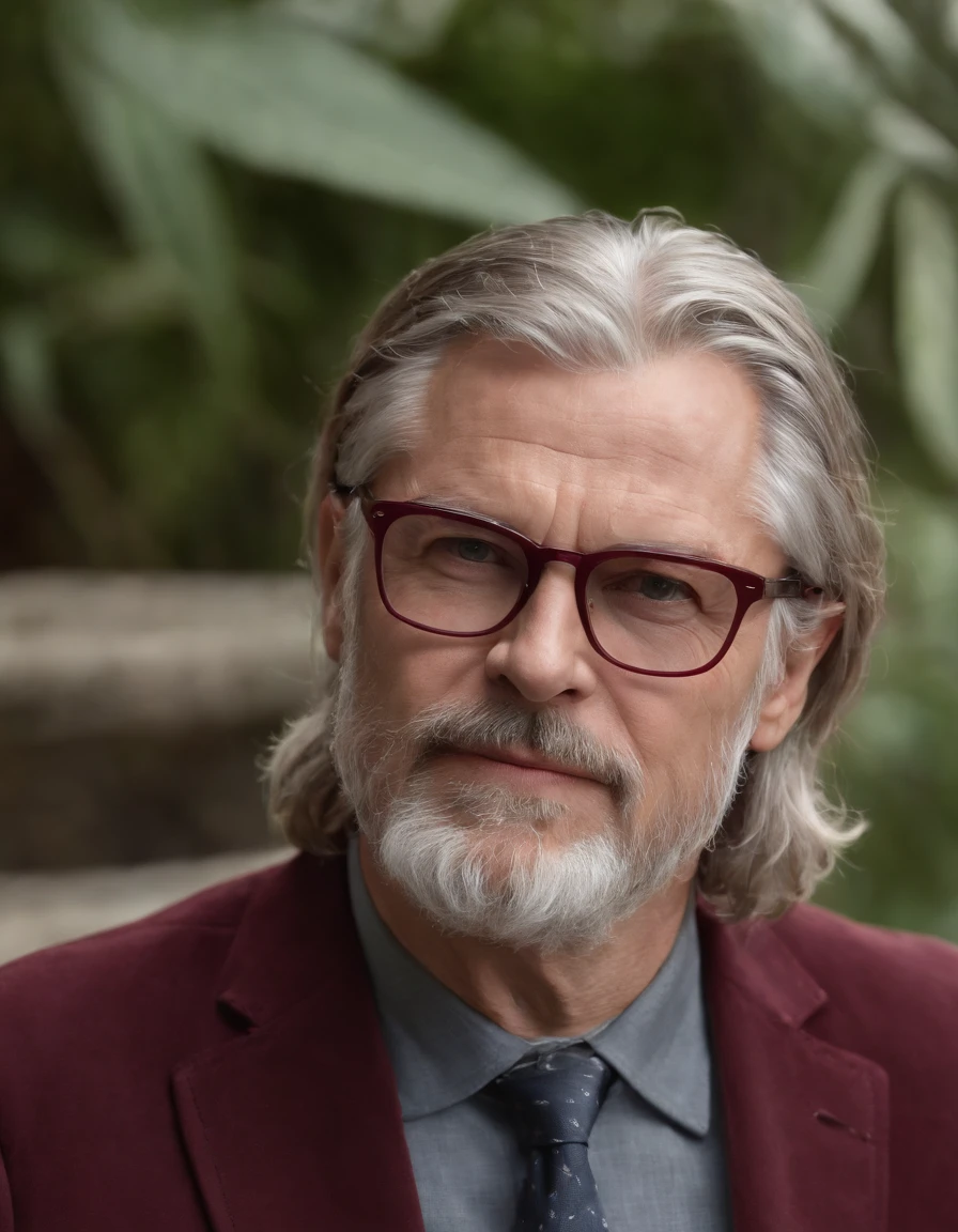 Greek God Thor in a maroon suit, with a dark grey beard, looking 68 years old, dark square maroon glasses on a tropical island, depressing, emotional, dark, cold, stressful, maroon car in the background