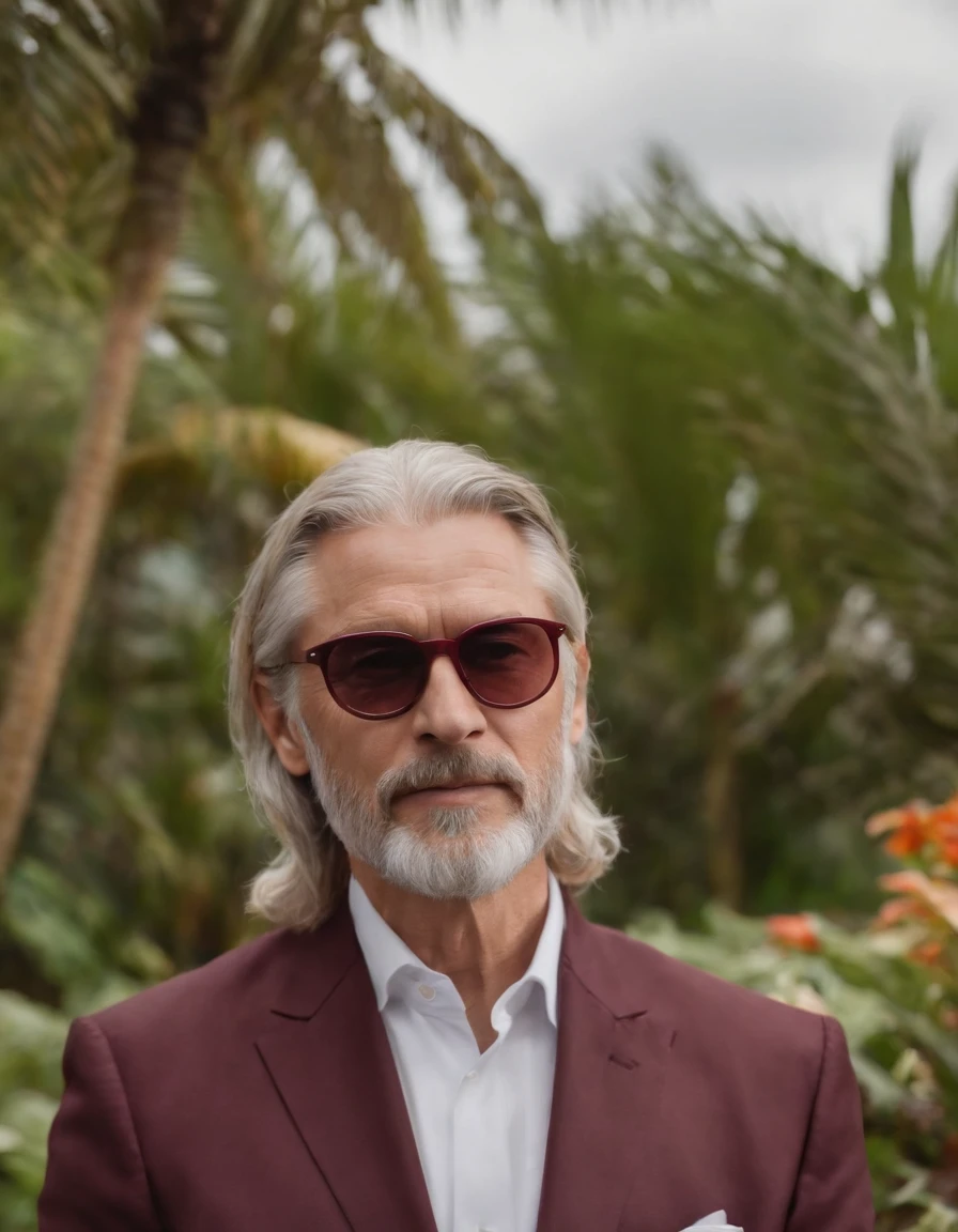 Greek God Thor in a maroon suit, with a dark grey beard, looking 68 years old, dark square maroon glasses on a tropical island, depressing, emotional, dark, cold, stressful, maroon car in the background