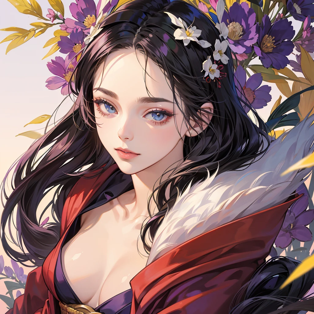 una pintura del personaje de la historia Murasaki no ue genji, dama de la era heian, Japan, Ancient Japan, Ancient Japan, Noble Dama, vestida con un kimono rojo en capas, junihitoe, mirada penetrante, Obra maestra, La mejor calidad, medio cuerpo, retrato, 1 girl, anime, Japan, semi-realista, mujer joven, sonriente, cara bonita, Beautiful, De color, genji monogatari, cabello negro, cabello extremadamente largo, Cabello abundante, cabello lacio, ojos azules, ojos almendrados, symmetrical and bright eyes, small-nose, labios regordetes, labios carnosos, labios rosados, face symmetrical, cara ovalada, piel clara, piel suave, cuerpo perfecto, hermoso cuerpo, cintura delgada, senos grandes, 插圖, extremadamente detallado, Suave, High resolution, Calidad Ultra, ojos detallados, Boca detallada, Boca detallada, Cara detallada, ojos perfectos, Ambos ojos son iguales, Luz verdadera, resplandeciente, Iridiscente, global ilumination, Movimiento real del cabello, Luz real, Sombra real, Cara real, ojos brillantes, Luz suave, dreamy light