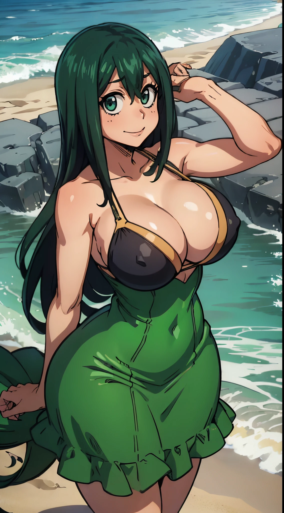 (best quality:1.3), Tsuyu Asui by boku no hero , (looking at the view), busty, cleavage, seductive, sexy, curvy body, big boobs, ((dress clivagem)), ((beach)) ,