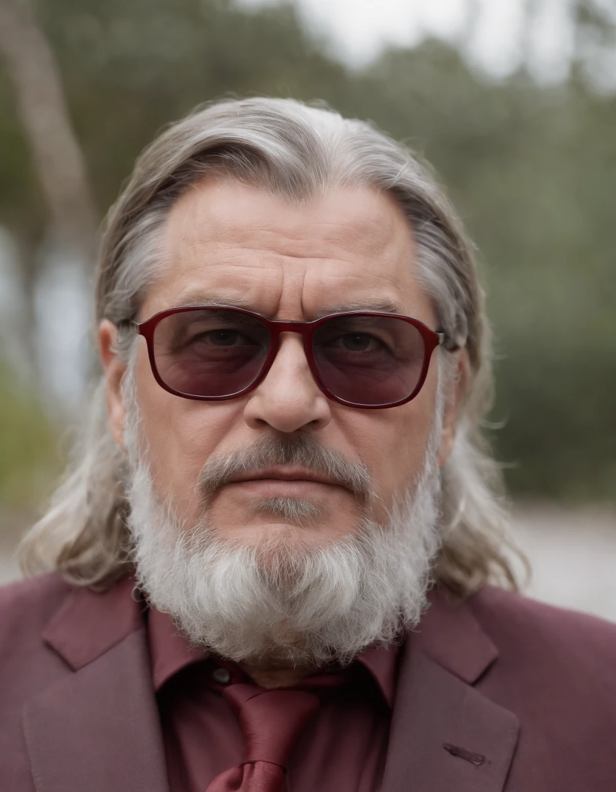 Angry Fat Greek God Thor in a maroon suit, with a dark grey beard, looking 68 years old, dark square maroon glasses on a tropical island, depressing, emotional, dark, cold, stressful, maroon car in the background