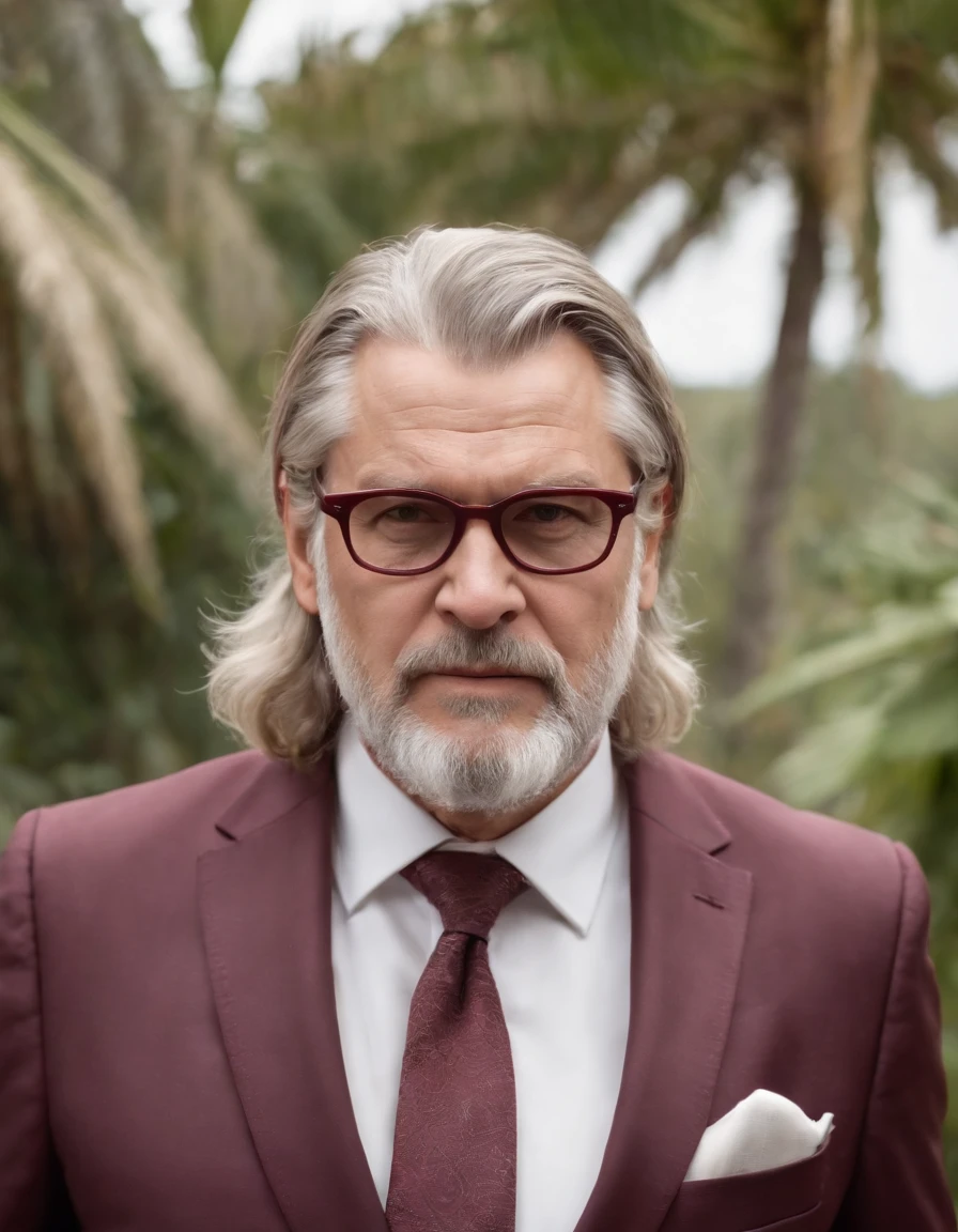Angry Fat Greek God Thor in a maroon suit, with a dark grey beard, looking 68 years old, dark square maroon glasses on a tropical island, depressing, emotional, dark, cold, stressful, maroon car in the background