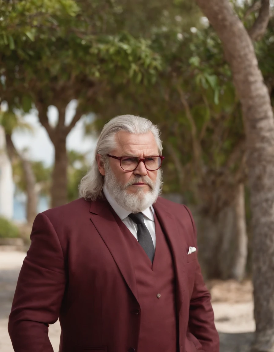 Angry Fat Greek God Thor in a maroon suit, with a dark grey beard, looking 68 years old, dark square maroon glasses on a tropical island, depressing, emotional, dark, cold, stressful, maroon car in the background