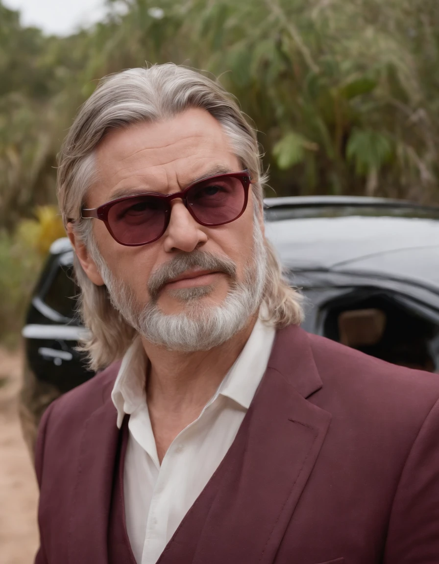 Angry Fat Greek God Thor in a maroon suit, with a dark grey beard, looking 68 years old, dark square maroon glasses on a tropical island, depressing, emotional, dark, cold, stressful, maroon car in the background