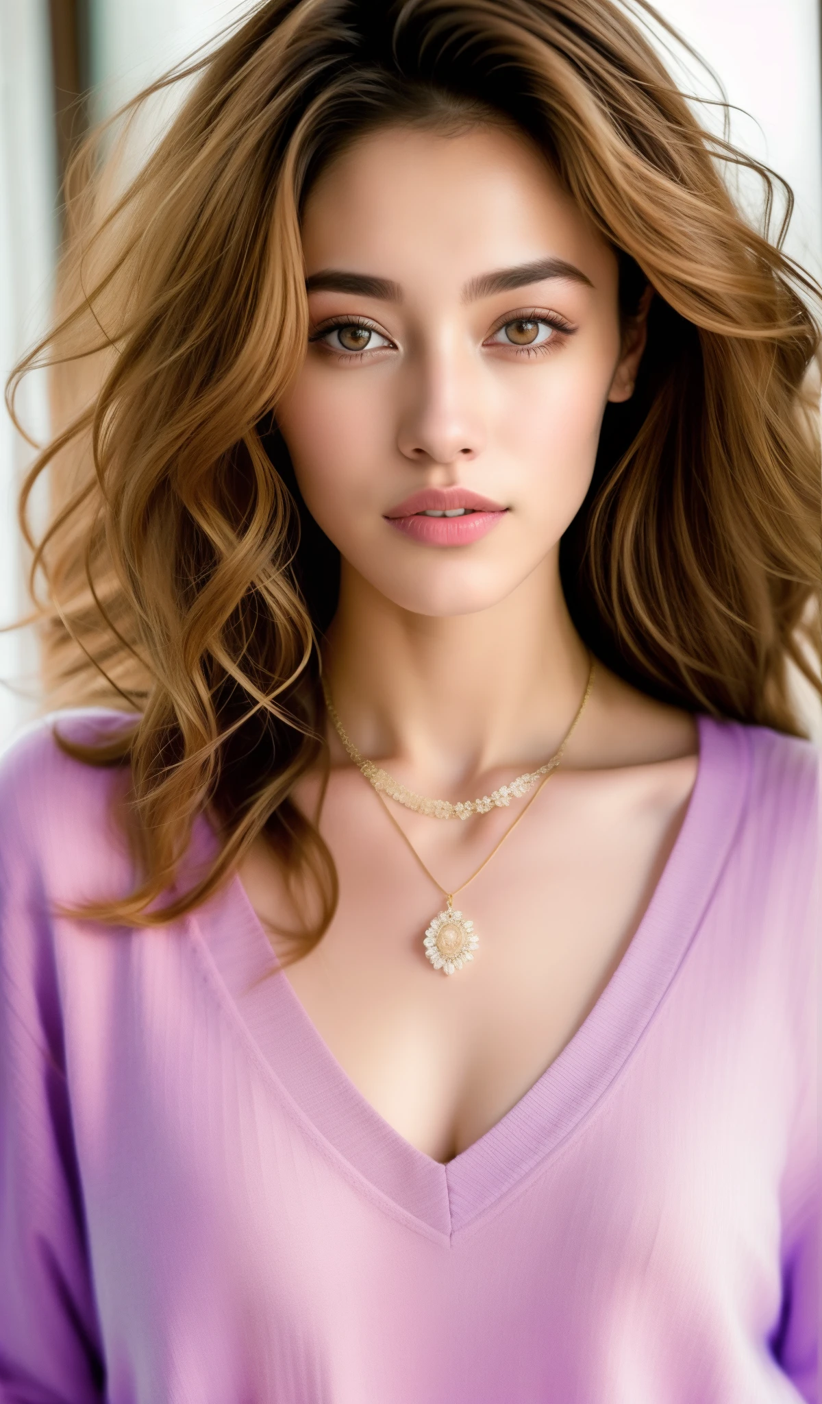 Fashion model 21 years old [[[a closeup]], [[[tiny chest]]], [[[coll]], [Shoulder]], perfect  eyes, perfect irises, Perfect lips, perfect teeth, flawless skin, Soft front light, Glow, nffsw, (soft colours:1.2)、a necklace、Curly hair、highlights hair、V-neck sweater