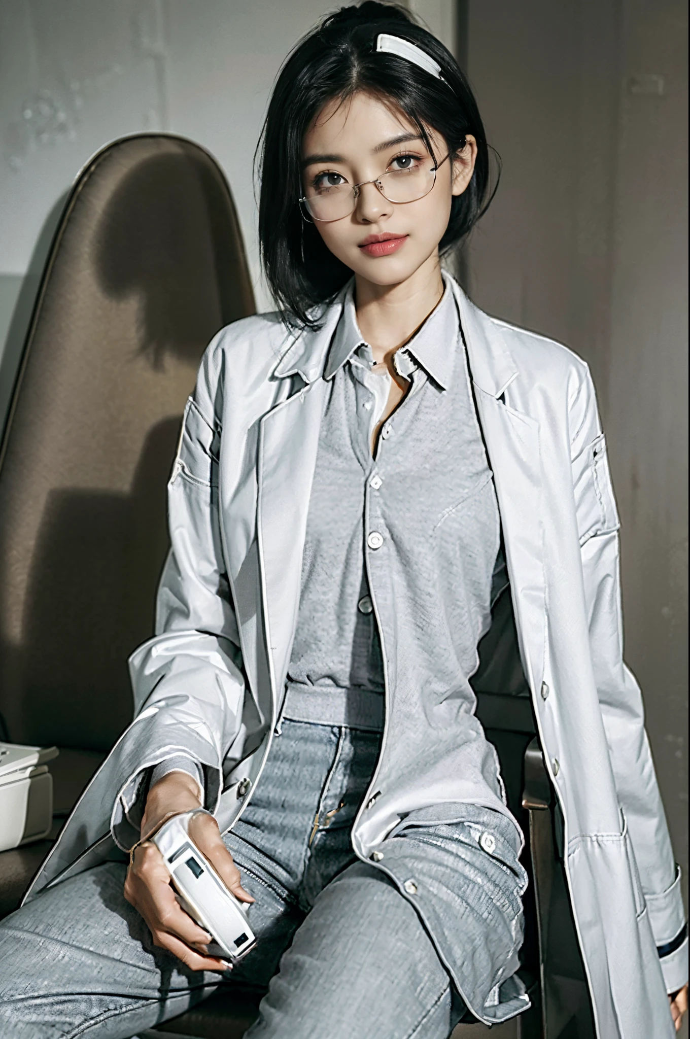 ((shoulder-length straight black bob hair)),Upper body,((Extremely meticulous CG)),(8k),(wallpaper),((Extremely refined and beautiful))，（(Masterpiece)),((best qualtiy)),((Ultra High Resolution))，beautiful light up，Perfect lightning，realistic shaded，[A high resolution]，Smooth and flawless fair skin，Extremely exquisite facial details，（perfect body：1.1），ultra - detailed,A beautiful girl，small head,small face,(Small breasts:1.1)，Flat chests，slim，thin，Smile，cheerfulness,(doctor's white coat:1.5),(underneath the coat is light gray collared polo shirt:1.4),(denimpants:1.3),Morning,A female doctor,((short ponytail)),wearing glasses,Medical mask,In a dilapidated hospital，In the office,(Sitting in a chair next to the computer:1.5),cowboy shot