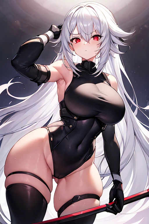 1girl, white hair, leotard, futuristic, bodysuit, thick thighs, wide hips, large breasts, breasts, long hair, red eyes, one-eye covered, serious, hair over one eye, hair over one-eye, science-fiction, thigh strap, sleeveless, black leotard, black clothes, black gloves