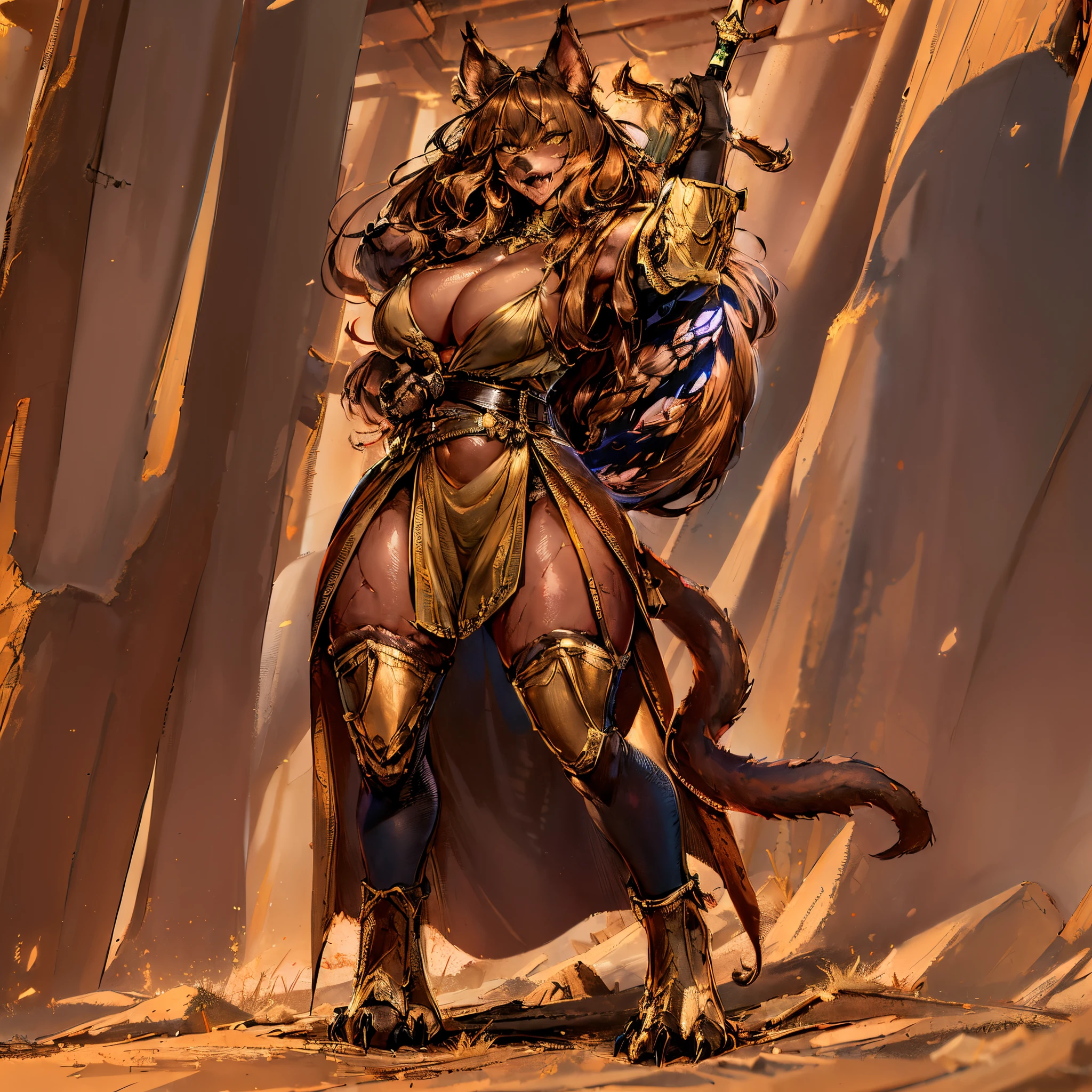 masterpiece, best quality, highres, tabaxi :: rogue, d&d character commission, (dark brown furr:1), tiefling from d & d, (anthropomorphic female cat:1.4), d & d style full body portrait, 1girl, solo, beautiful, (extremely detailed perfect face:1), (leftclaw holding sword:1.5), thighs, (animal Digitigrades:1.5), sandals, (long brown pelvic curtain made of leather:1.4), leg armor, metal greaves, green forest floor, blue moon, gray stone temple area