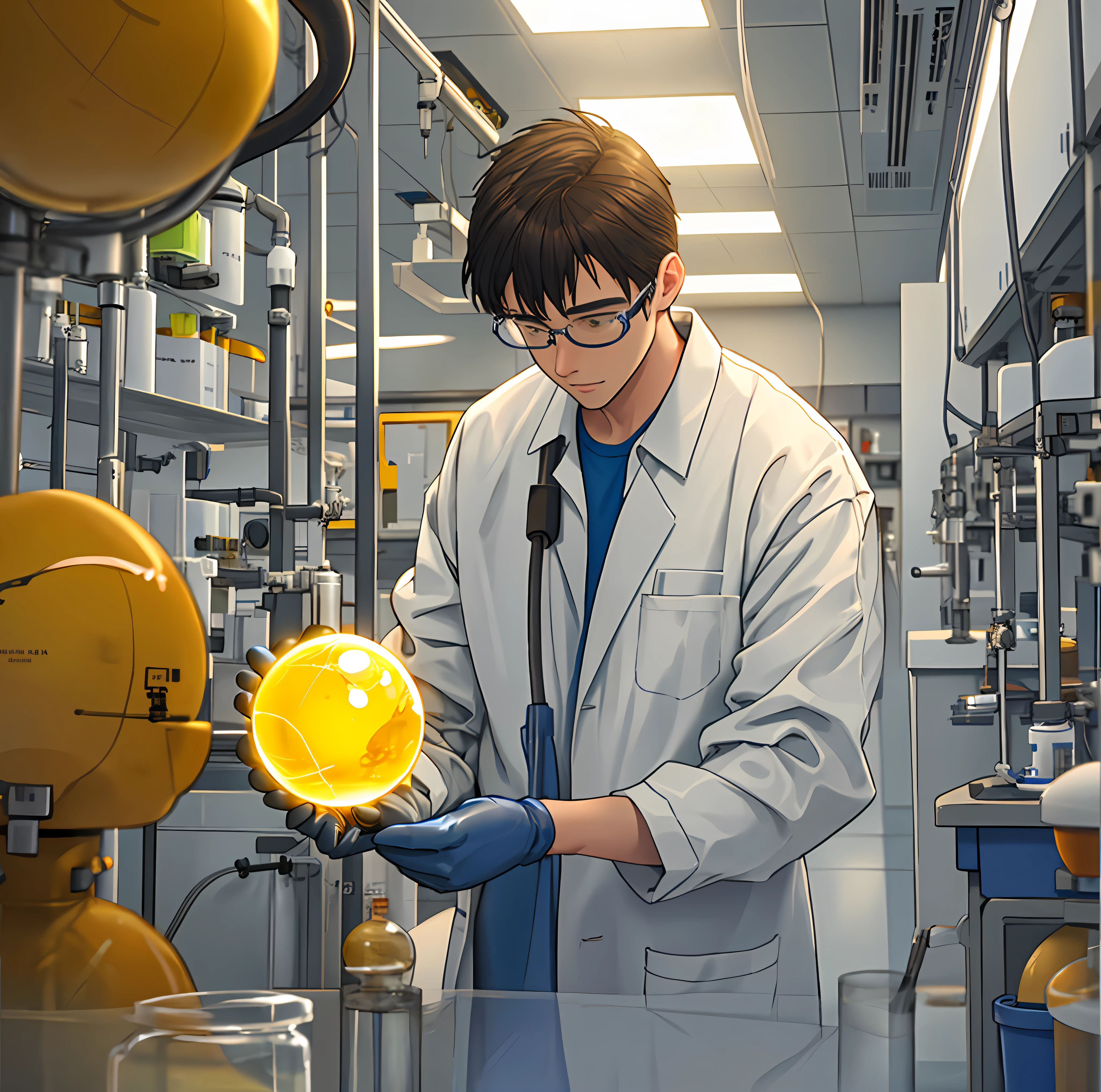 A male scientist touching a glowing yellow sphere in a laboratory, and a janitor
