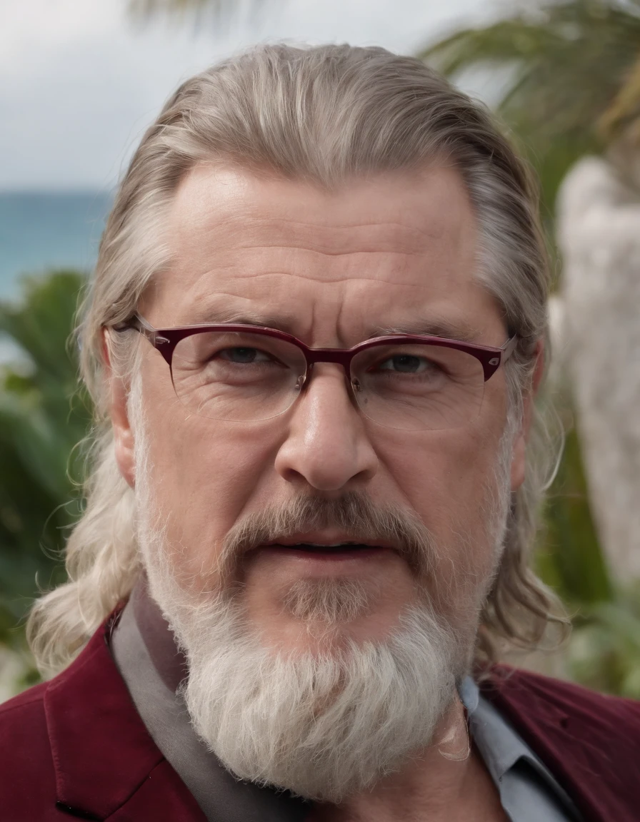 Angry Screaming Fat Greek God Thor in a maroon suit, holding thors hammer, with a dark grey beard, looking 68 years old, dark square maroon glasses on a tropical island, depressing, emotional, dark, cold, stressful, maroon car in the background