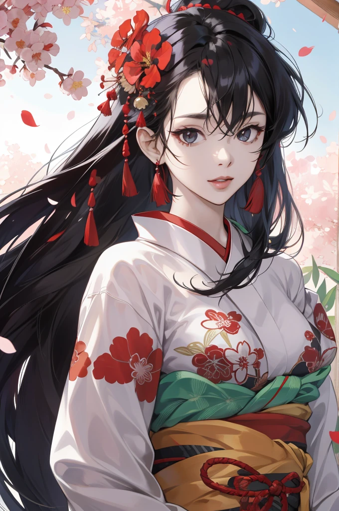 (absurdos, High resolution, ultra detallados), big breasts, himecut, red kimono, very black hair