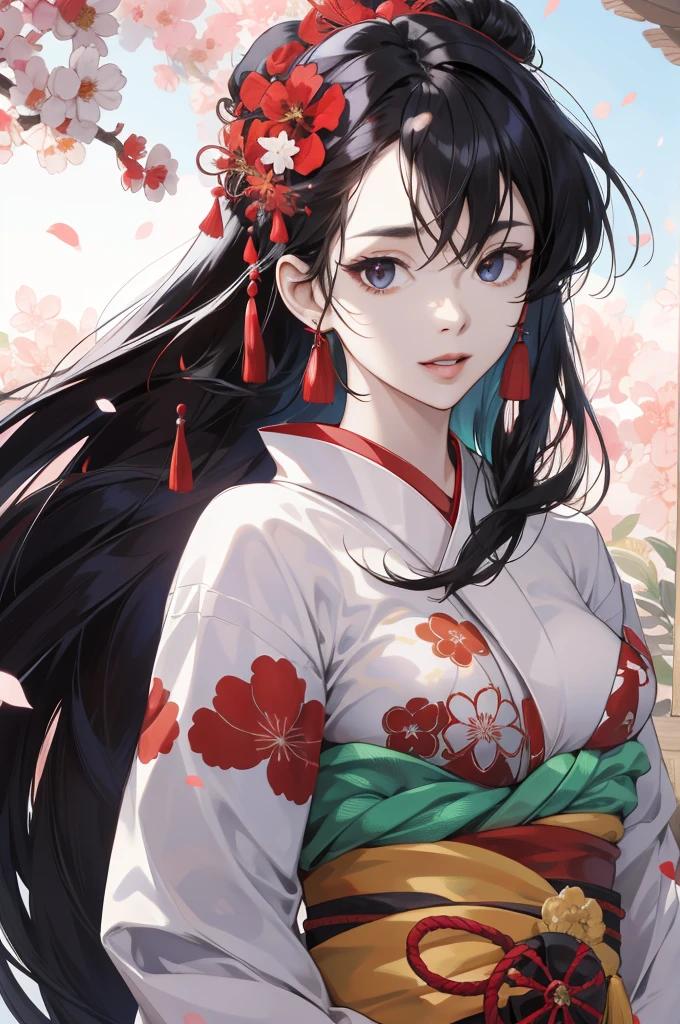 (absurdos, High resolution, ultra detallados), big breasts, himecut, red kimono, very black hair