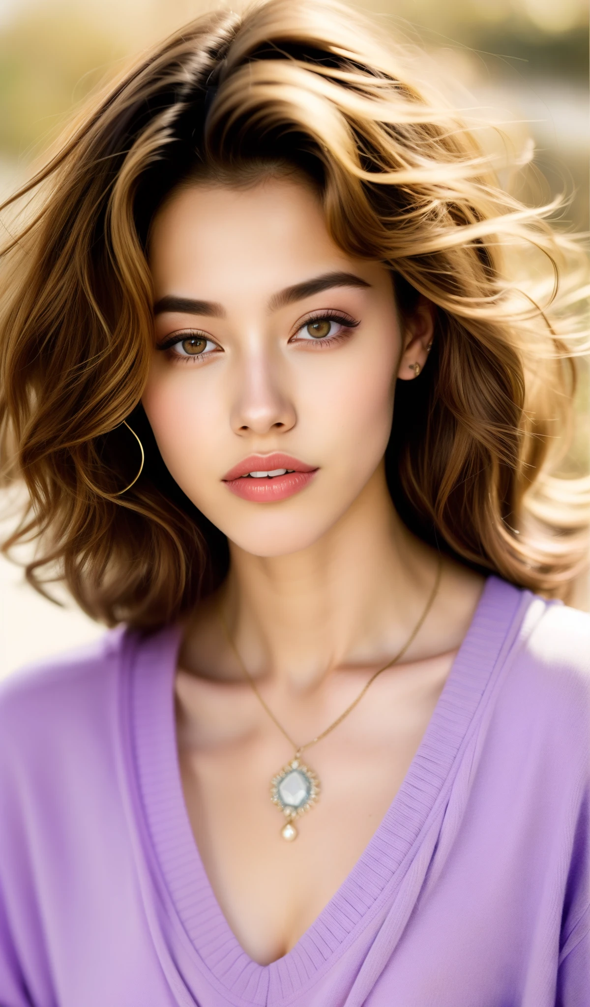 Fashion model 21 years old [[[a closeup]], [[[tiny chest]]], [[[coll]], [Shoulder]], perfect  eyes, perfect irises, Perfect lips, perfect teeth, flawless skin, Soft front light, Glow, nffsw, (soft colours:1.2)、a necklace、Curly hair、highlights hair、V-neck sweater