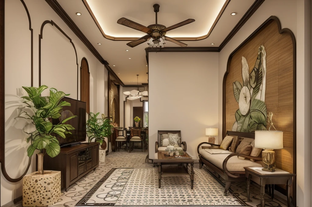 Raw photo, Masterpiece, high quality, best quality, authentic, super detail, interior, indoors, indochine livingroom with couch,rug, coffe table, dark tile floor, (sunset:1.1), vivid color, vray,